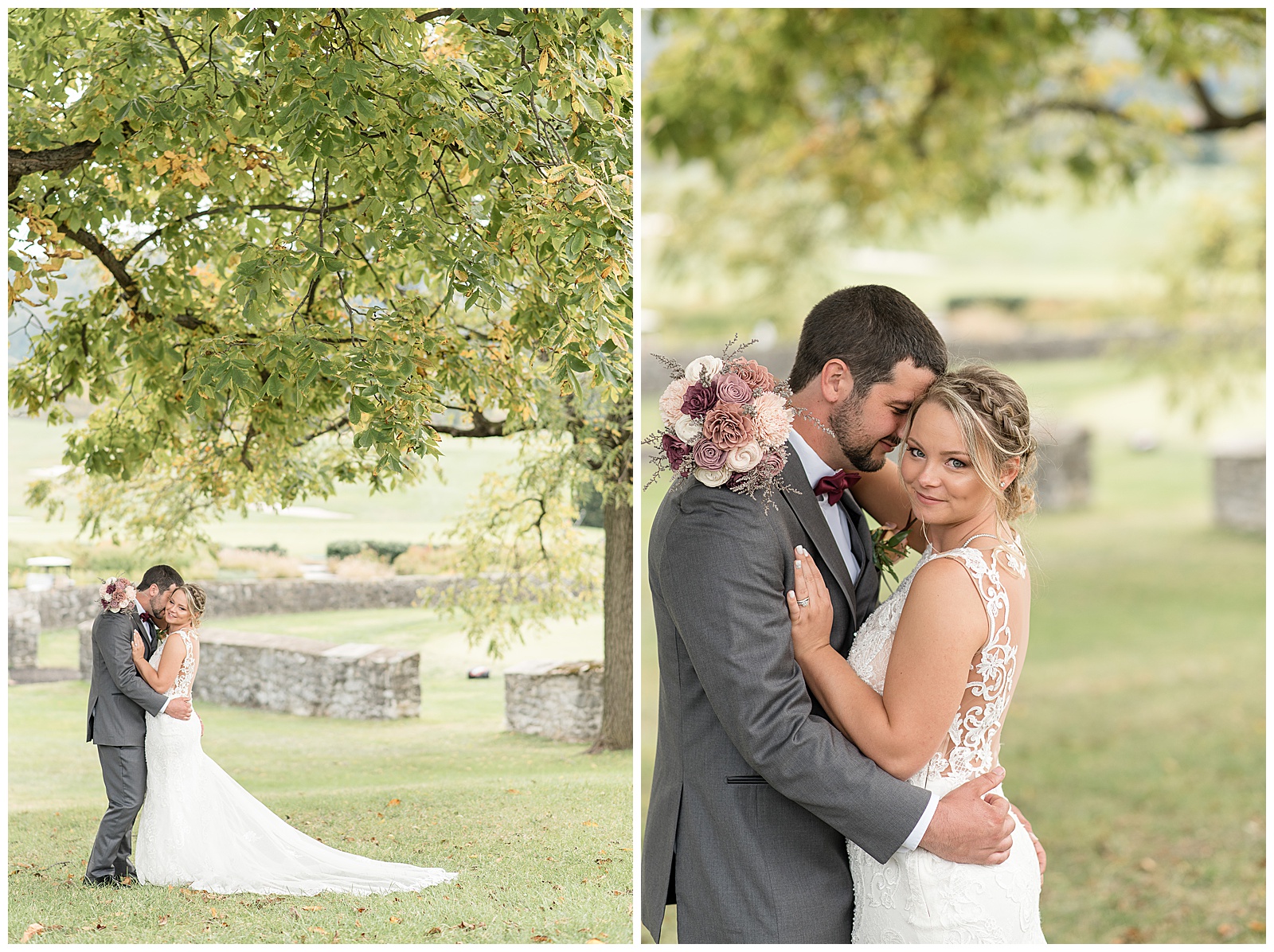 groom hugs bride tightly as she holds her bouquet around his neck under tree by pond