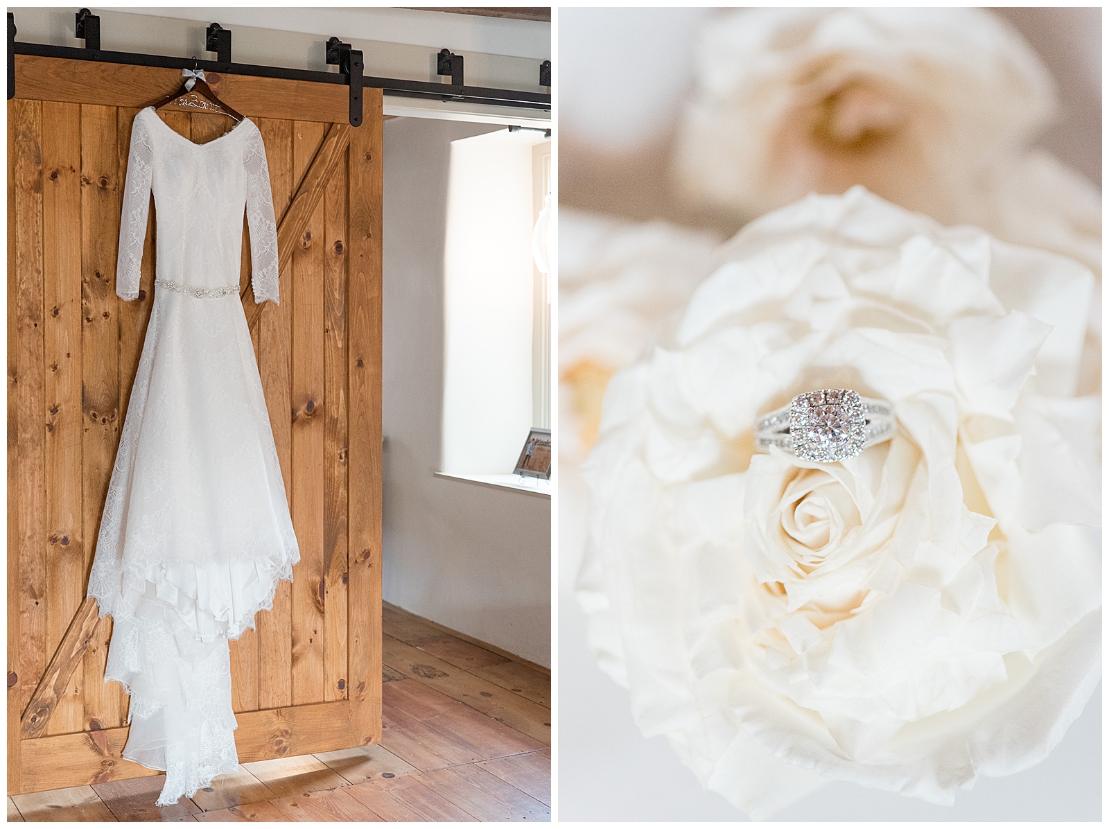 bridal gown displayed hanging from wooden sliding barn door in bridal suite 