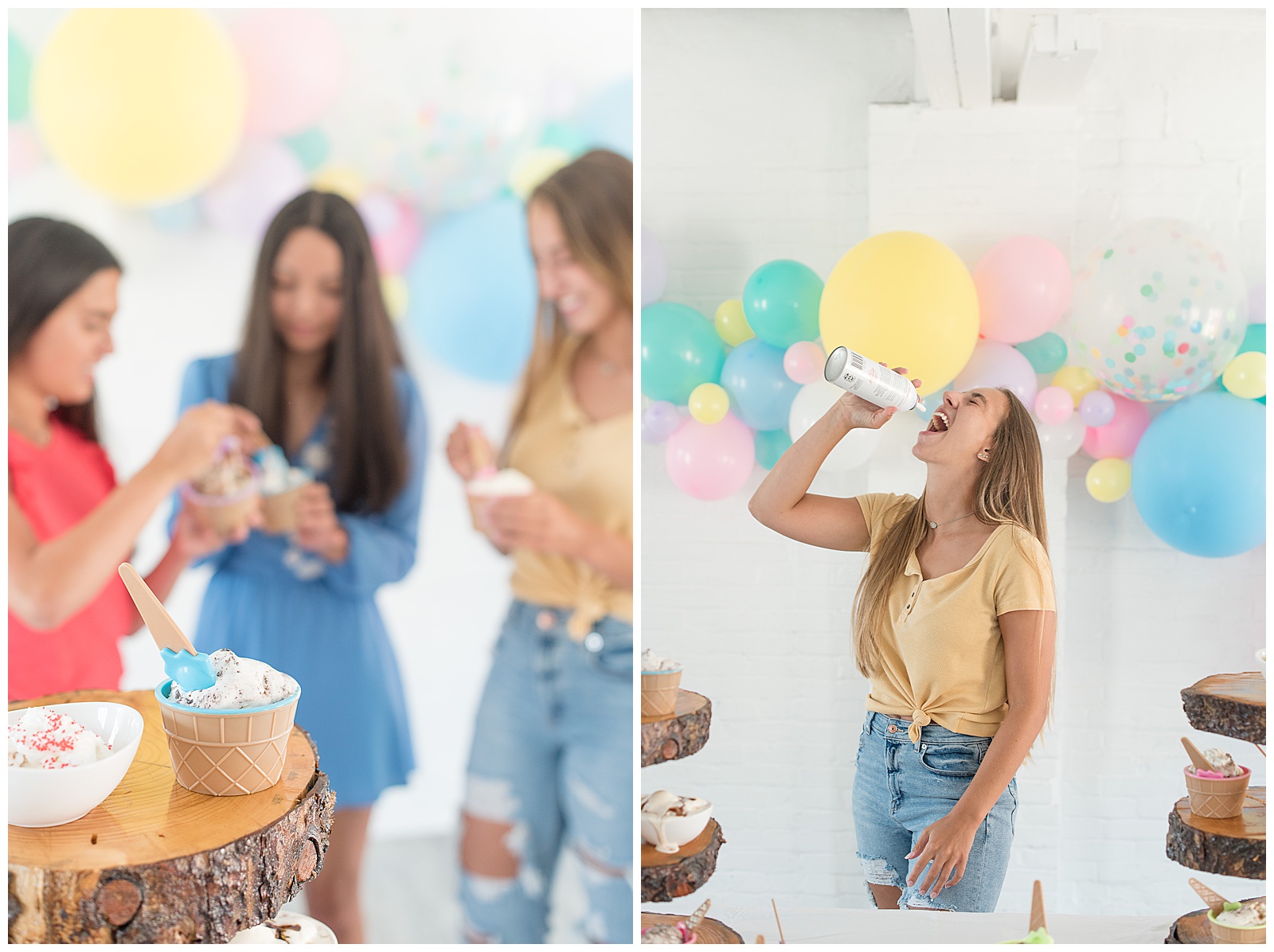 girls enjoying an ice cream social with colorful pastel balloon display in the background