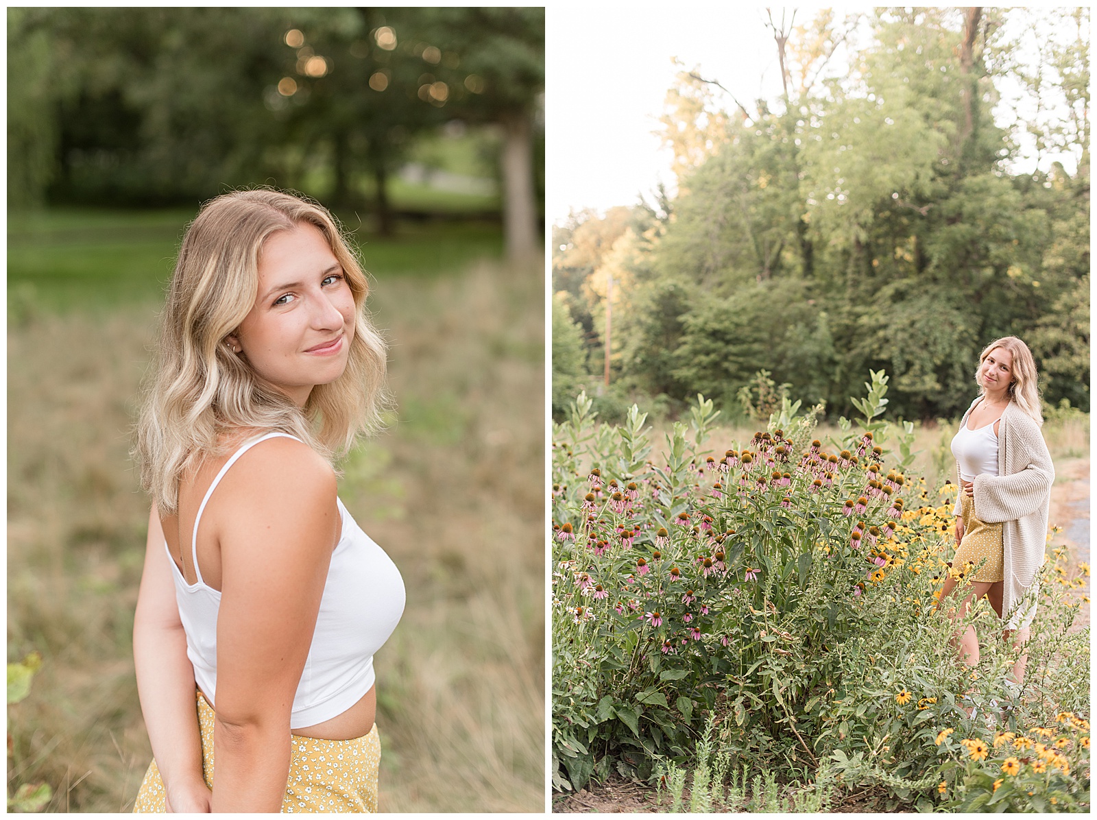 senior girl smiling at camera in field of wildflowers on a sunny evening