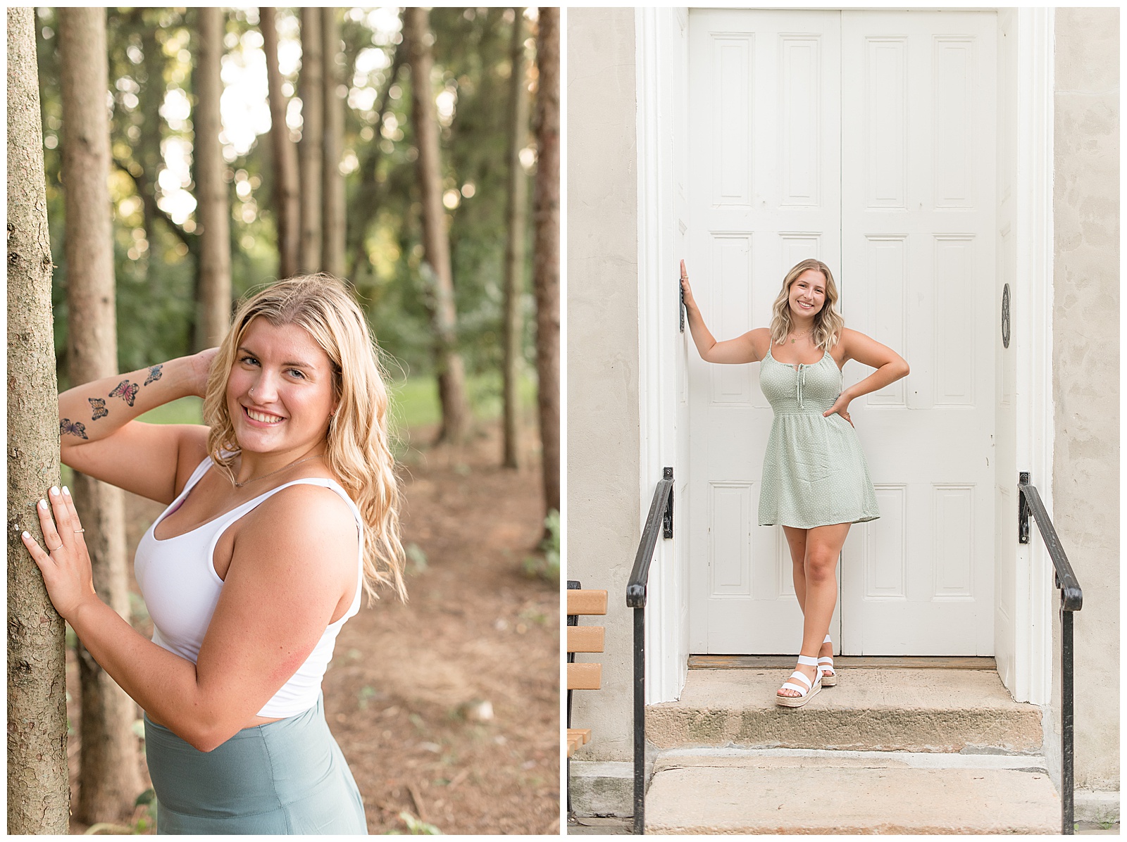 senior girls smiling at camera and leaning against white doorway wearing summer dresses