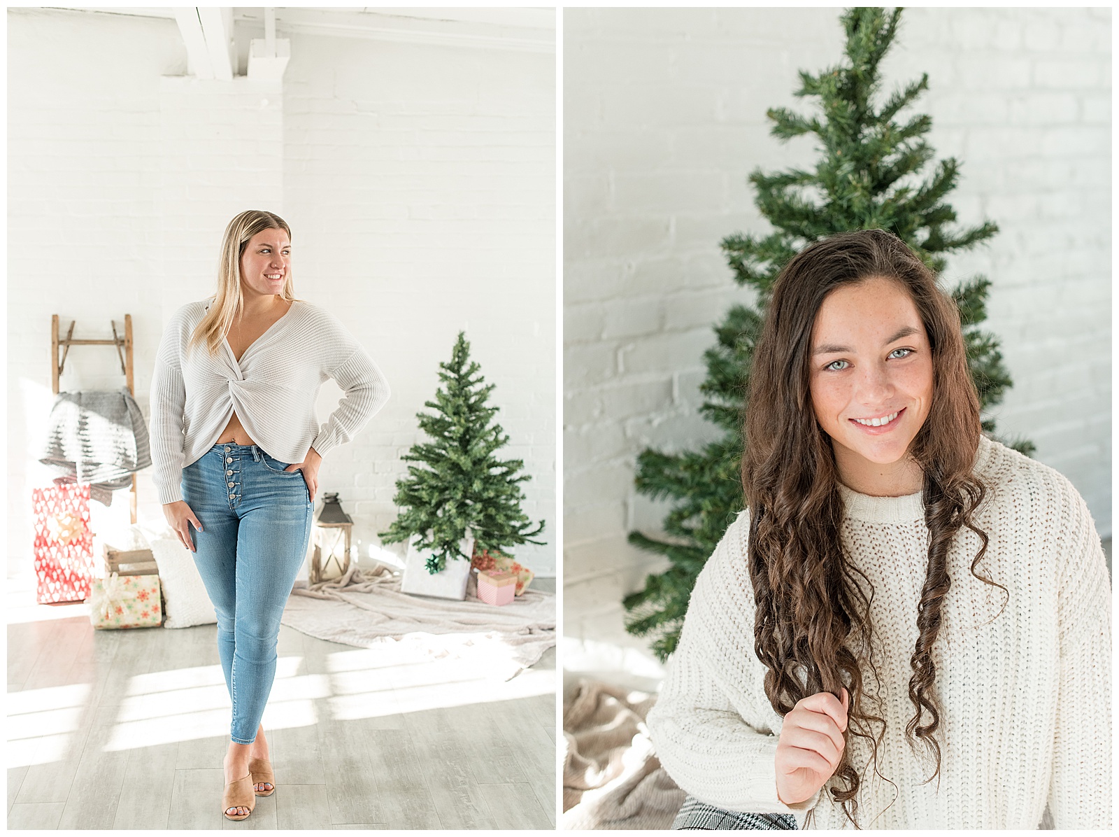 senior girls wearing sweater and jeans smiling with christmas tree behind them