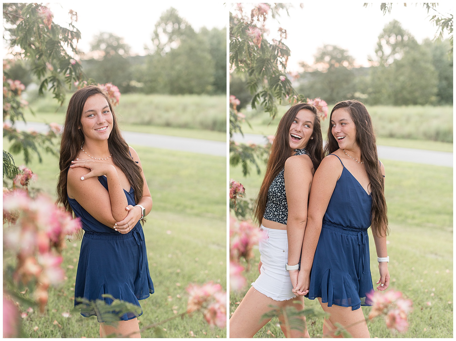 girls back to back looking at each other smiling by trees and flowers on summer evening
