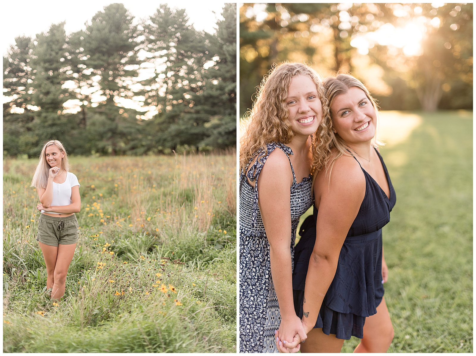 senior girls standing in wildflower grassy field smiling with sun shining through evergreen trees behind them