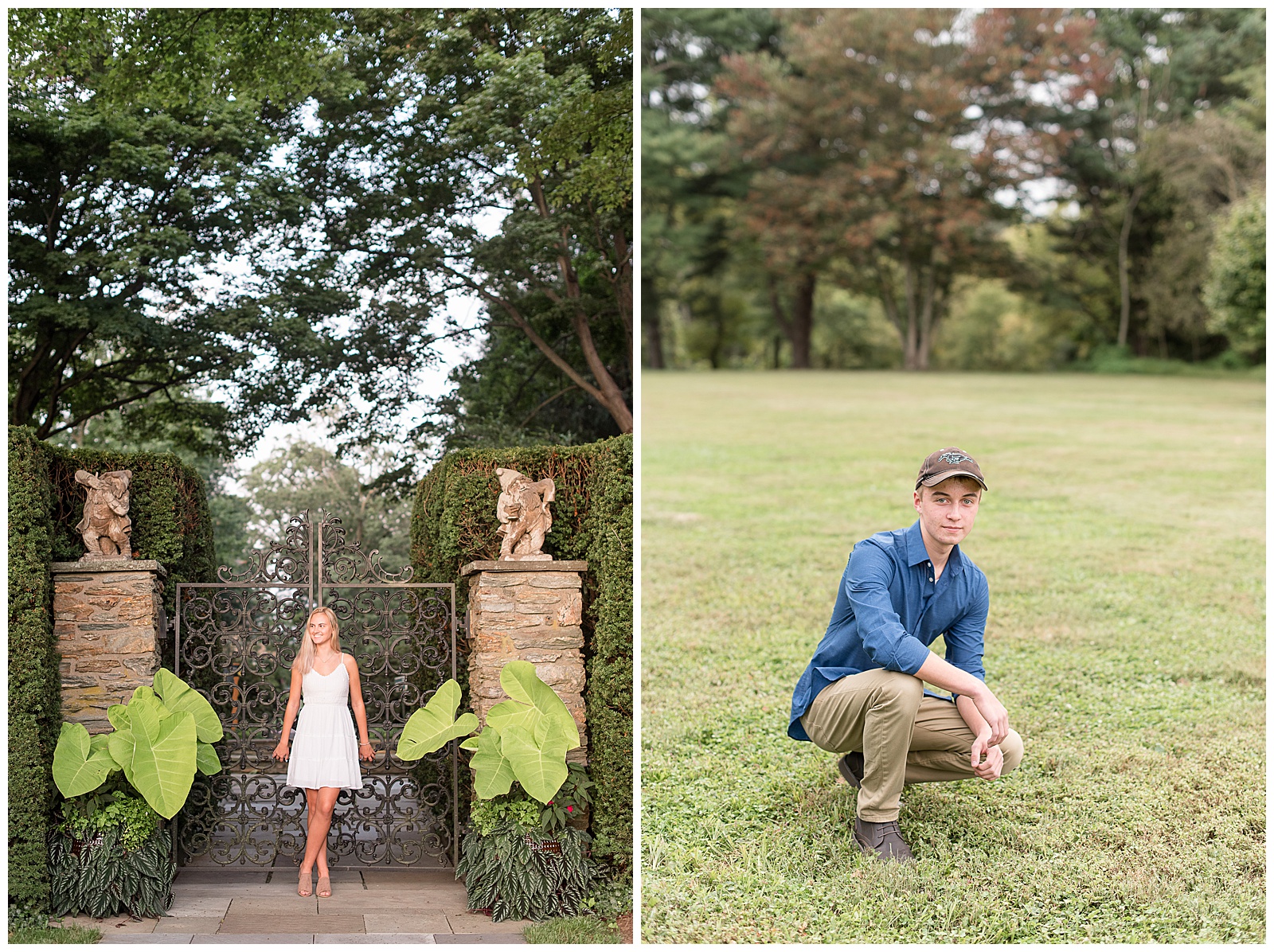 senior guy crouched towards ground in grass field and senior girl standing along elaborate gate