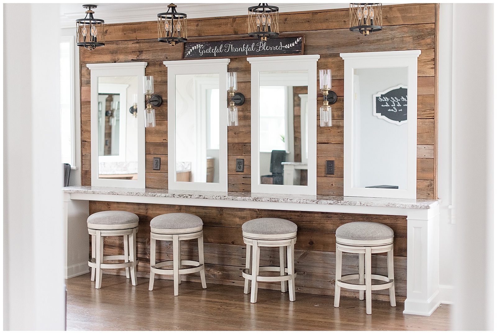 beautiful bridal suite with modern yet rustic farmhouse details with space to get ready at Spring Valley Farms