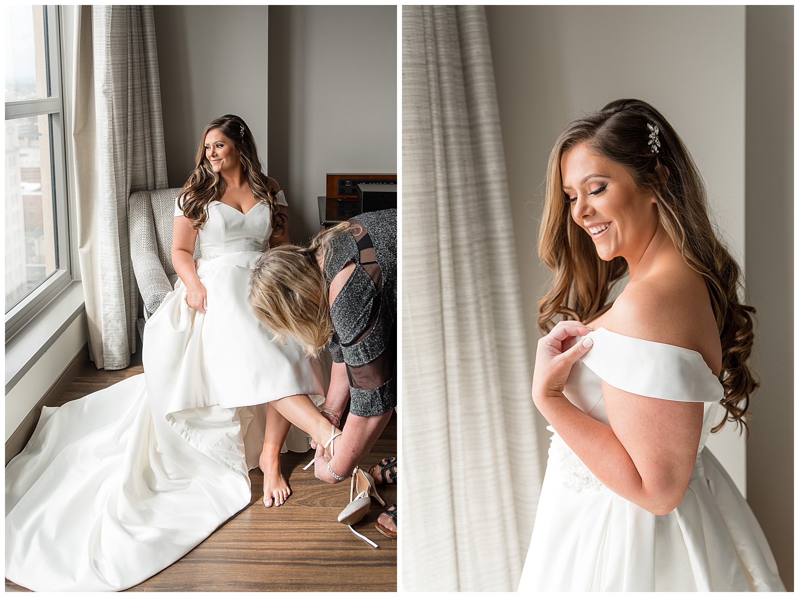 bride getting ready in beautiful white gown with long train and barrette in her hair