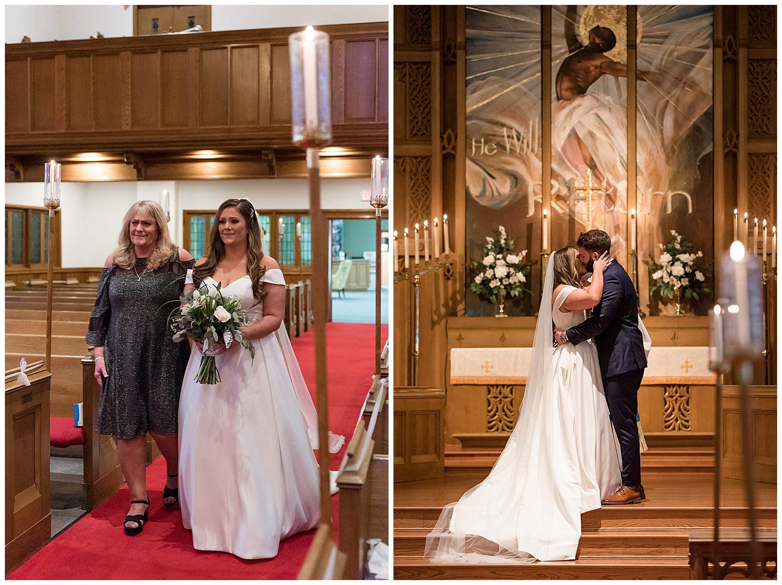 bride's mother walking her down the aisle at intimate wedding in catholic church