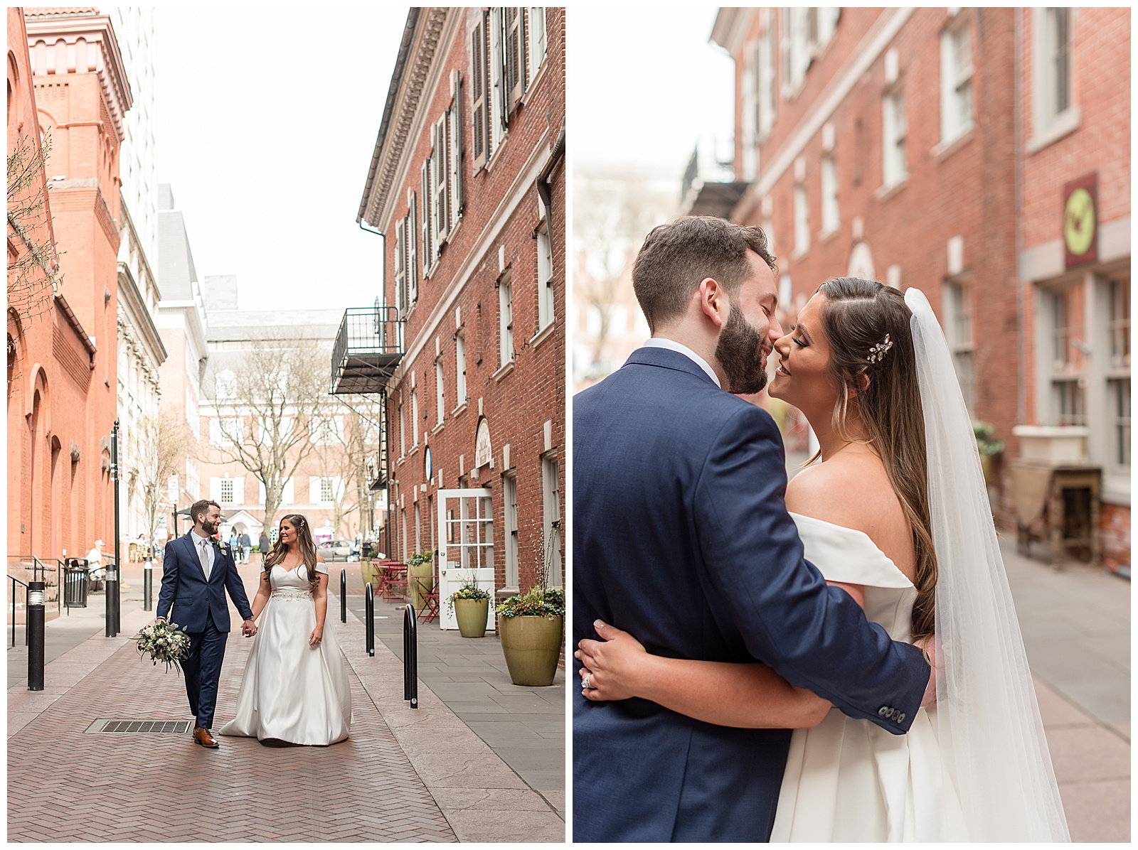 bride and groom smiling as they walk among historical buildings downtown