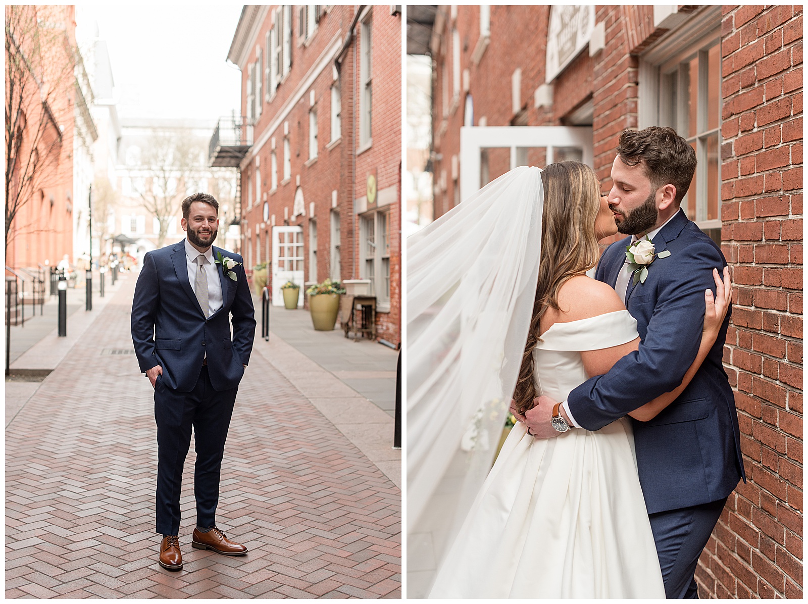 groom standing on cobblestone street in navy blue suit and light gray tie