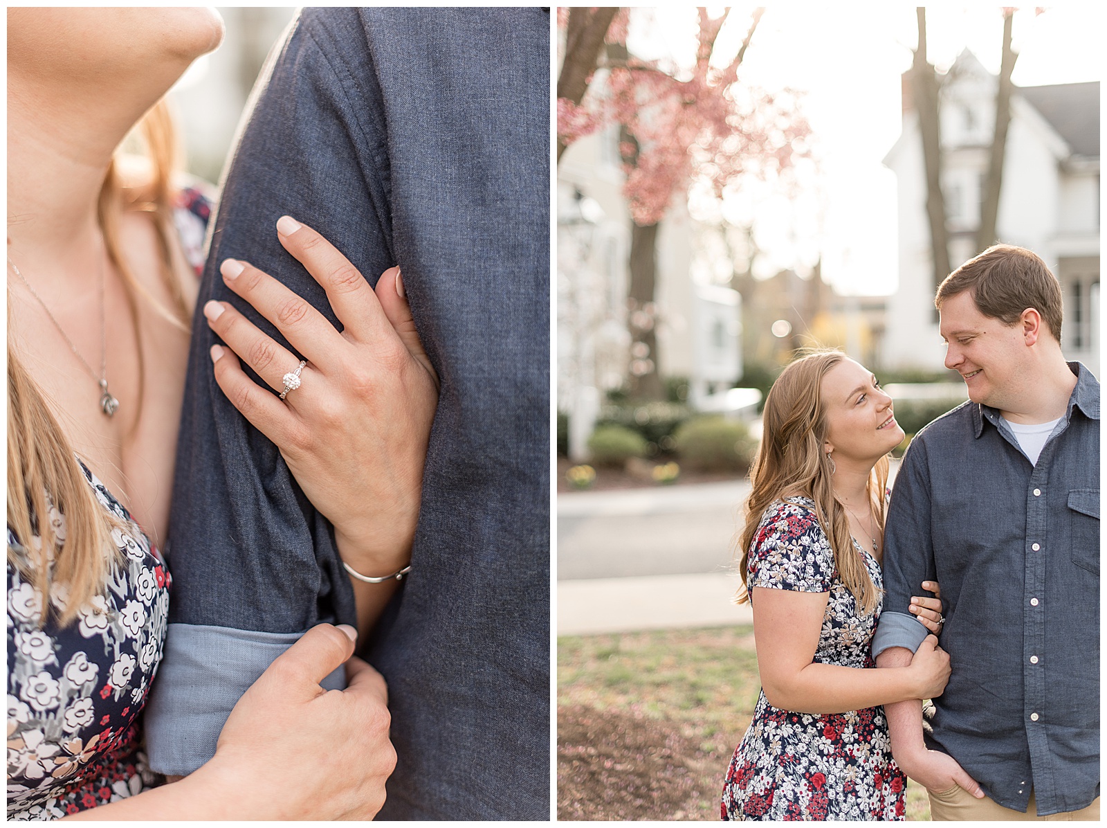 bride-to-be displays diamond engagement ring as she wraps her arms around her man