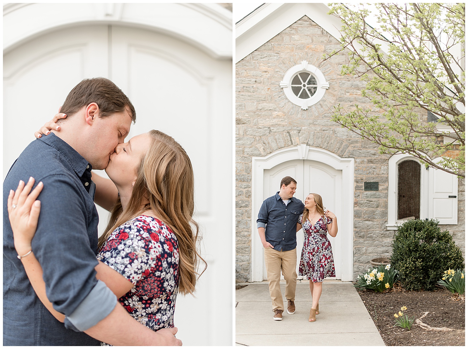 couple embracing as they stand by white doors of historical gray stone building