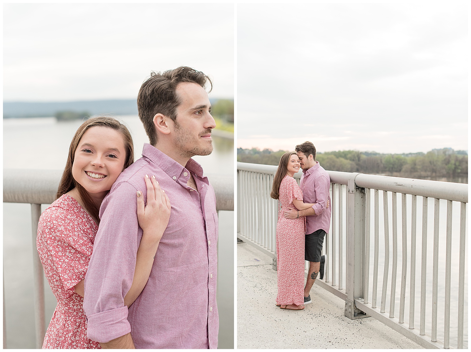 girl hugging guy from behind smiling as he looks off in the distance at spring evening engagement session