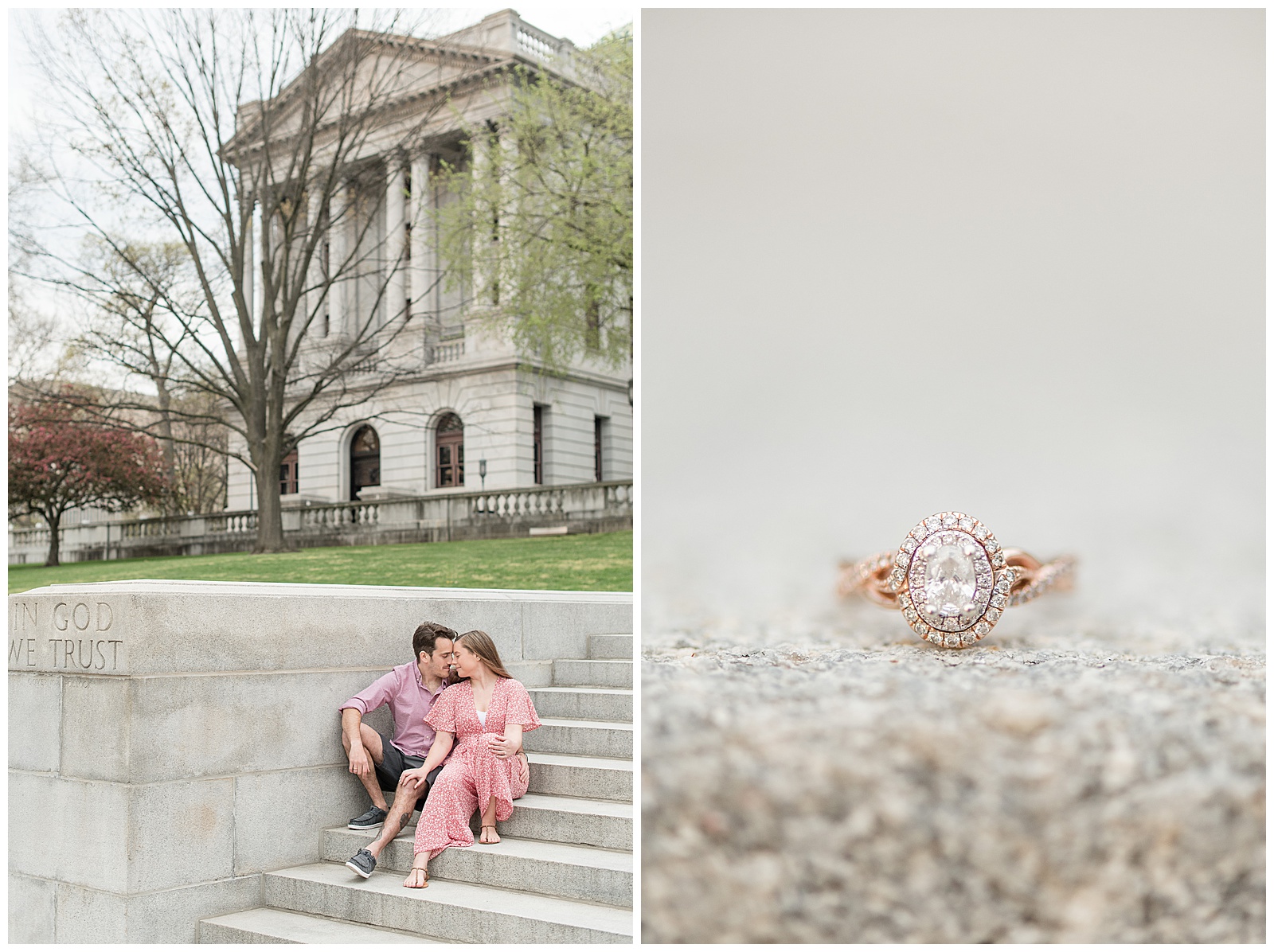 couple sitting on concrete steps along front street and engagement ring closeup resting on steps 