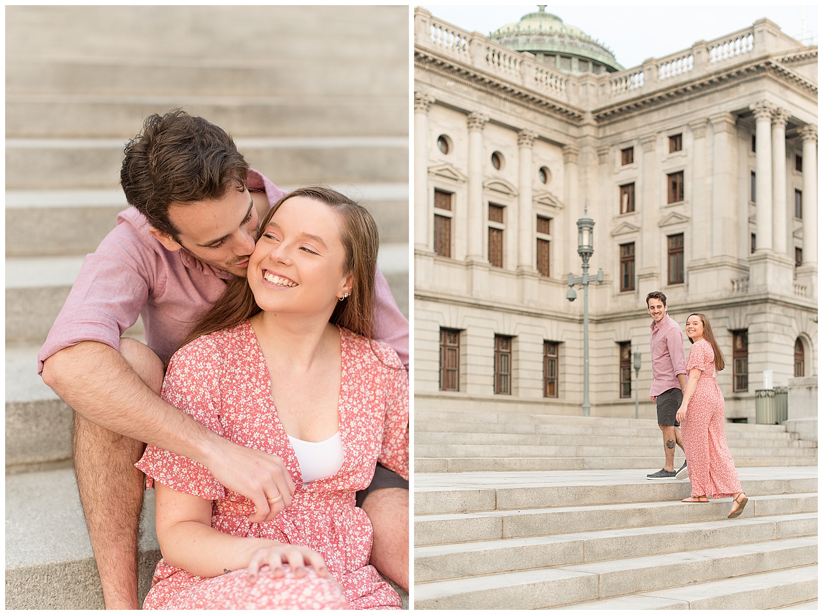engaged couple on steps on pennsylvania state capitol building along front street