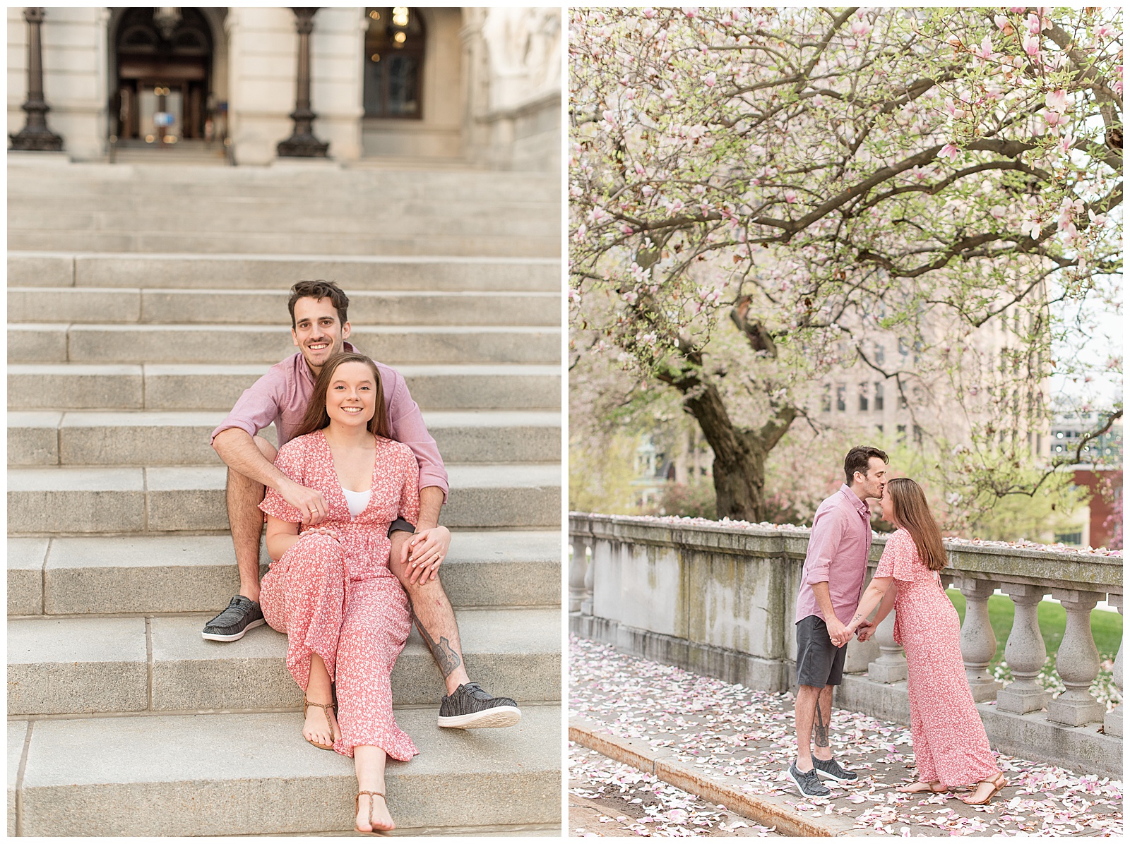 engaged couple posing along front street in harrisburg pennsylvania on beautiful spring evening