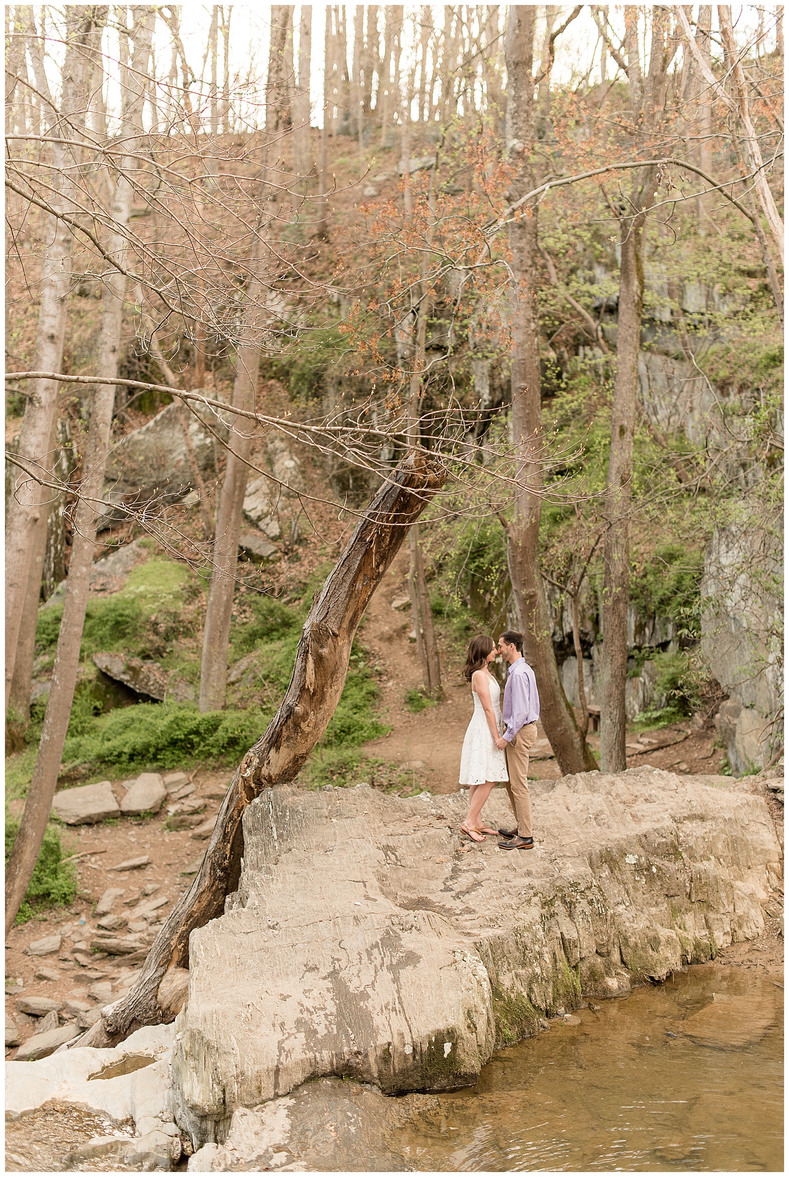 couple facing each other holding hands on large rock almost kissing surrounded by trees in maryland