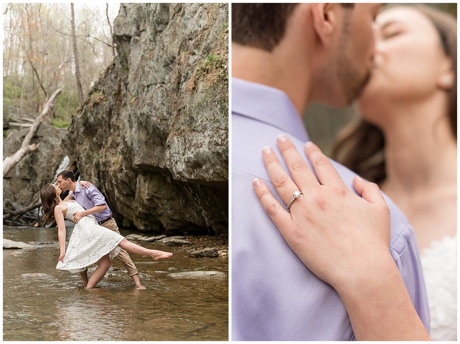 couple kissing while showing off engagement ring resting on guy's right shoulder