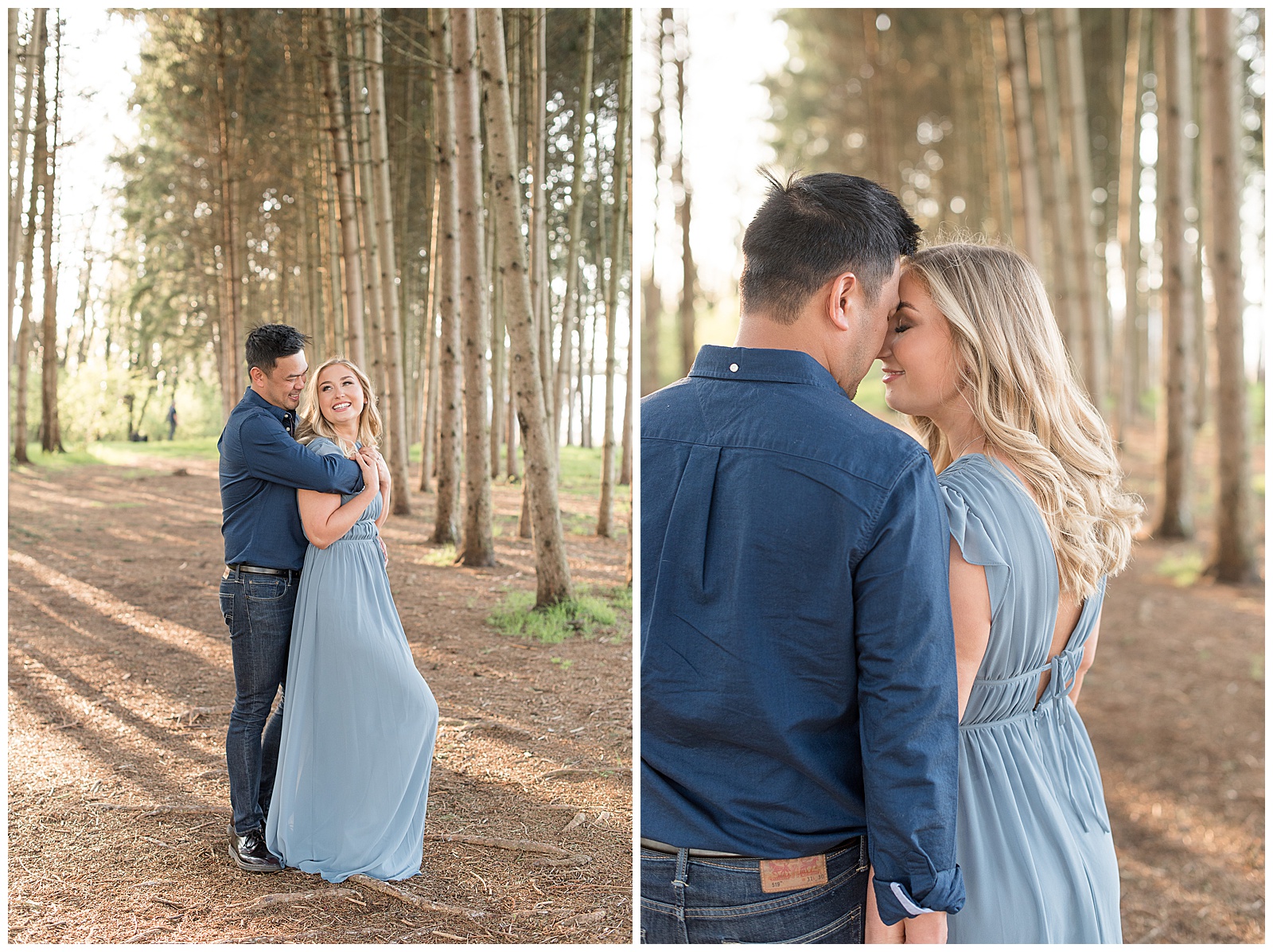 couple standing close together smiling along row of tall pine trees on sunny evening