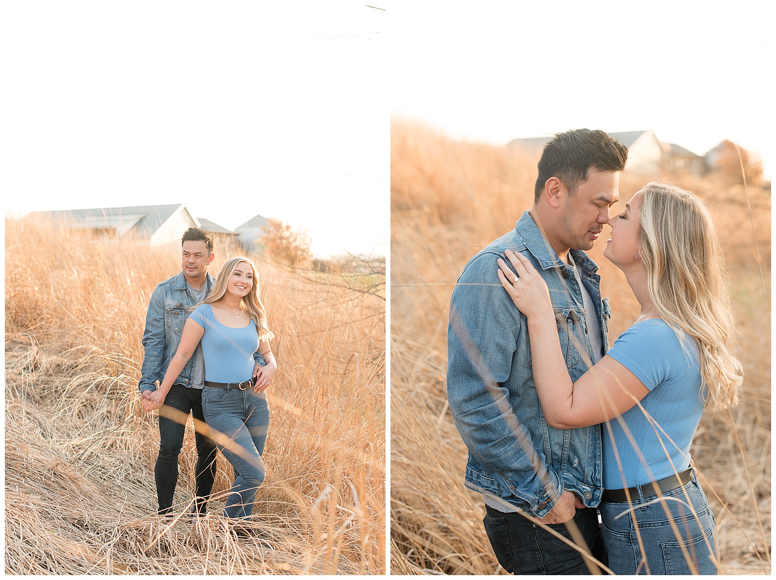 couple standing close in tall dried grasses wearing shades of blue and jeans