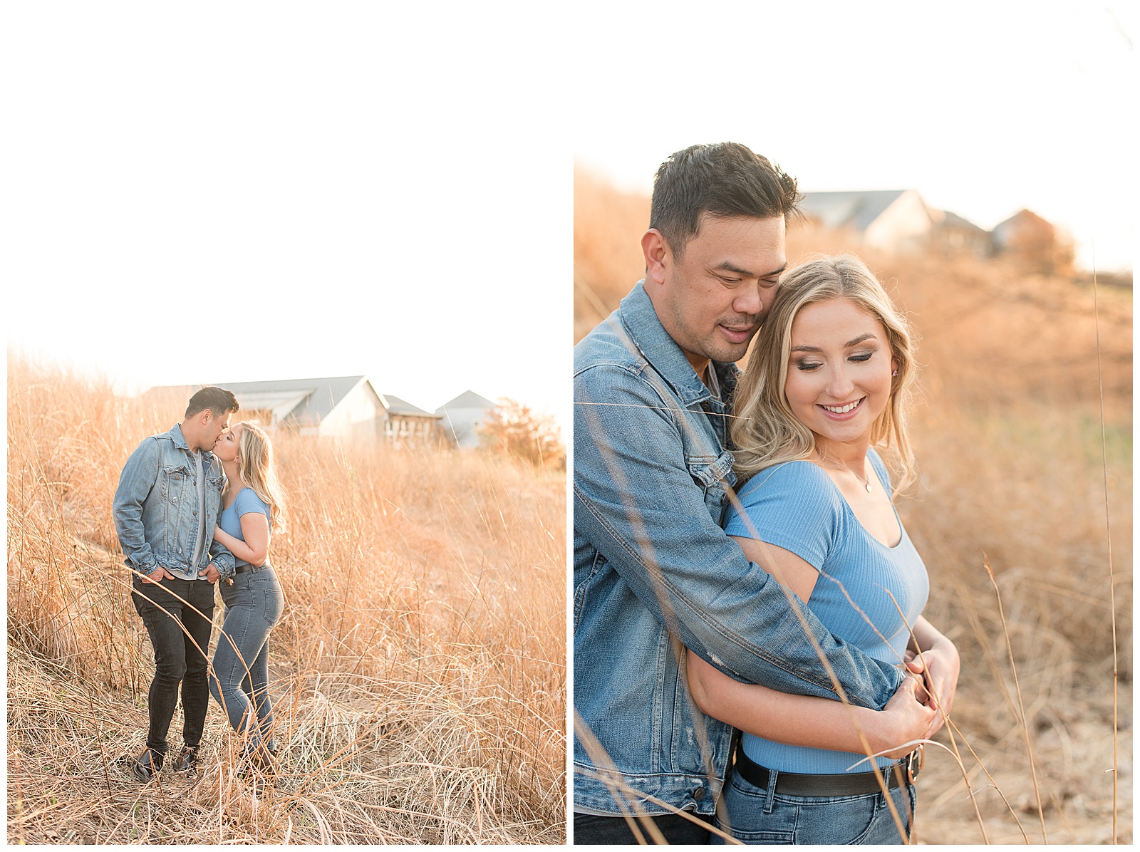 couple standing close looking down smiling in tall dried grasses on sunny evening