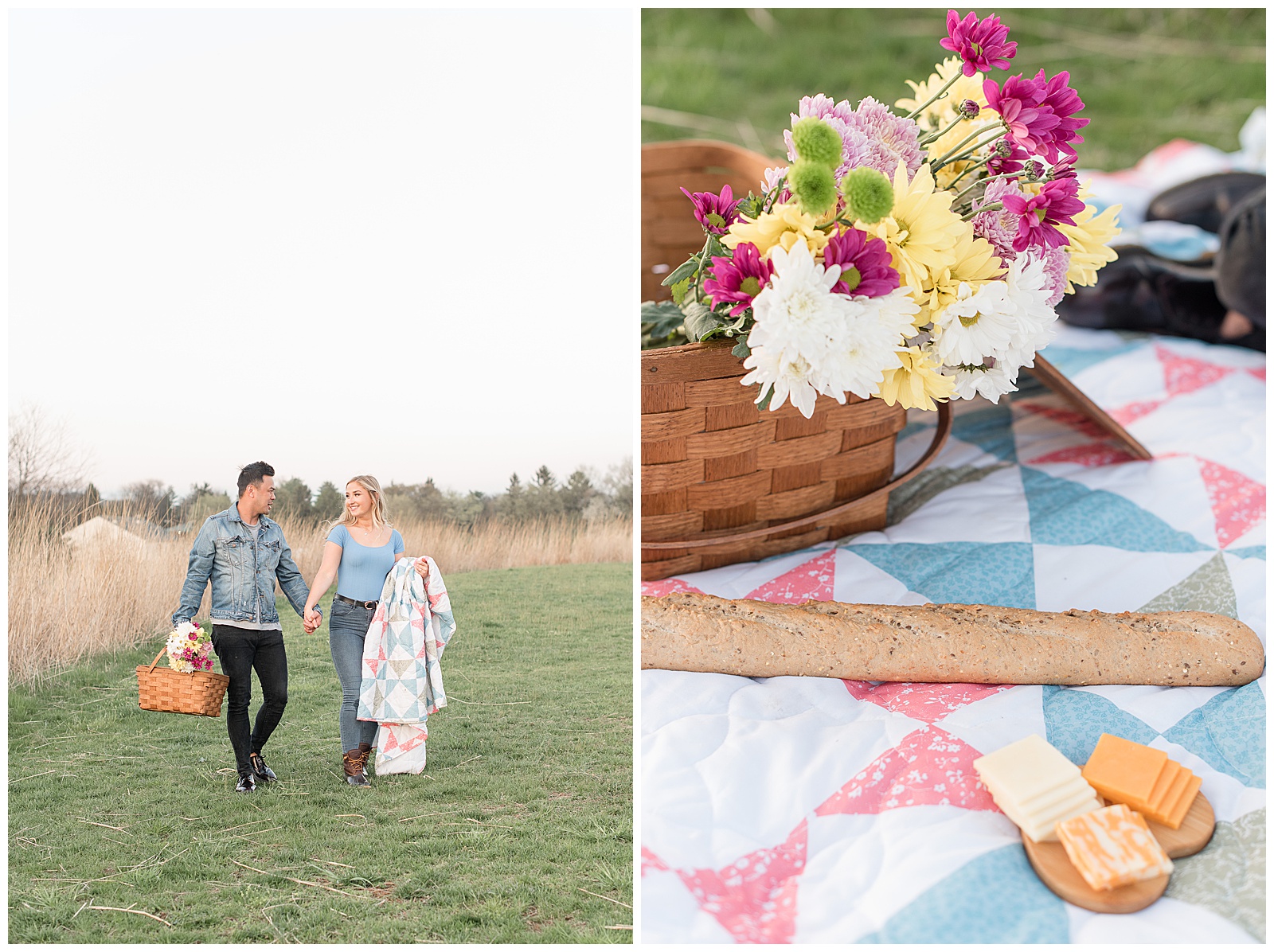 couple carries supplies for picnic including vintage quilt and basket on sunny evening
