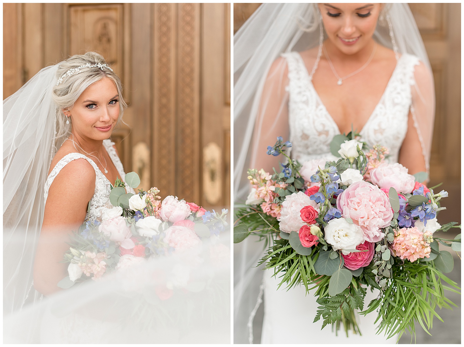 bride holding beautiful bouquet filled with light and dark pink flowers and stunning greenery