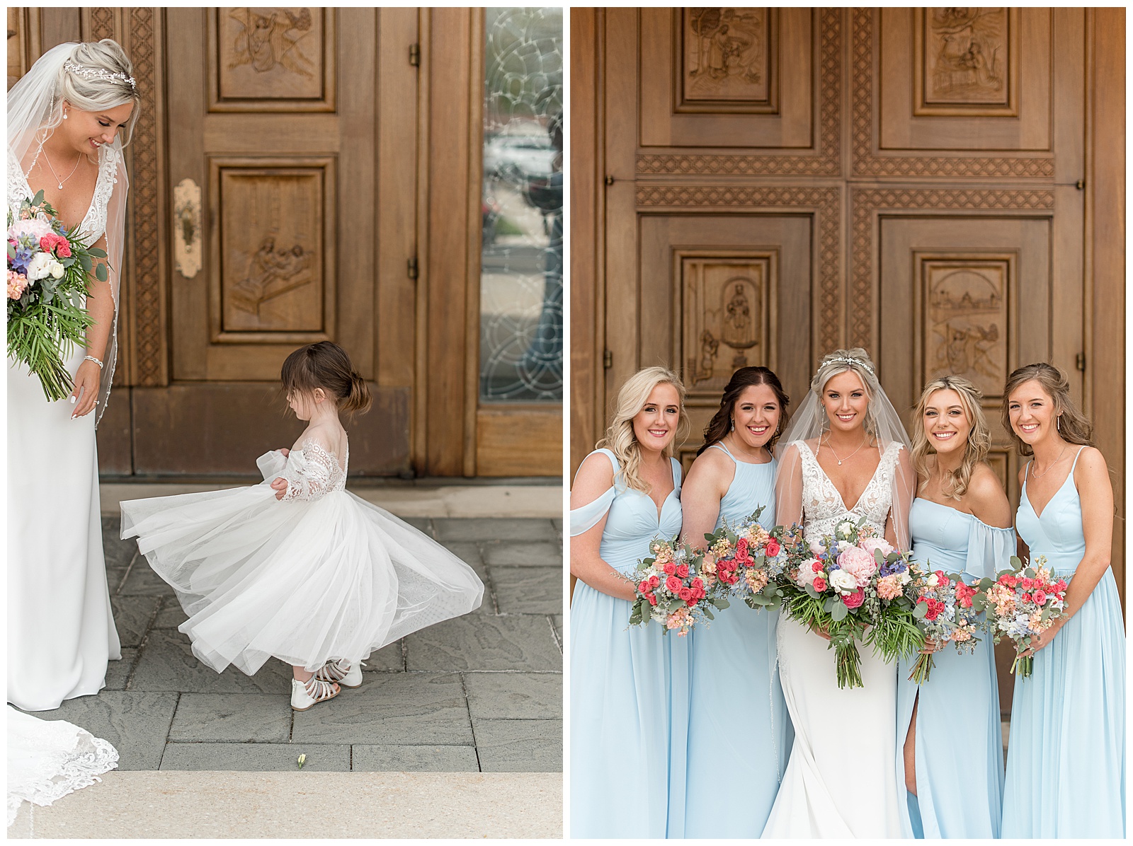 bride with bridesmaids and flower girl outside large wooden doors of catholic church