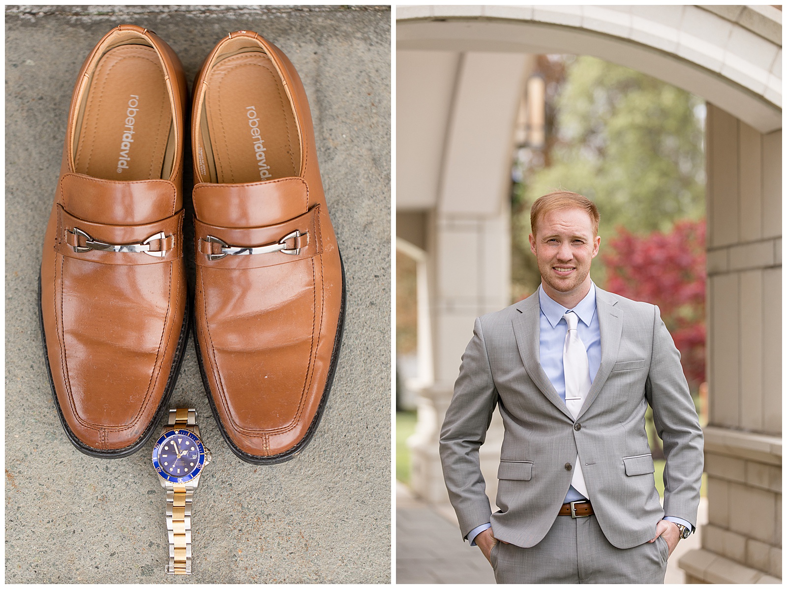 groom's dress shoes and watch on display as he smiles for camera before spring wedding day