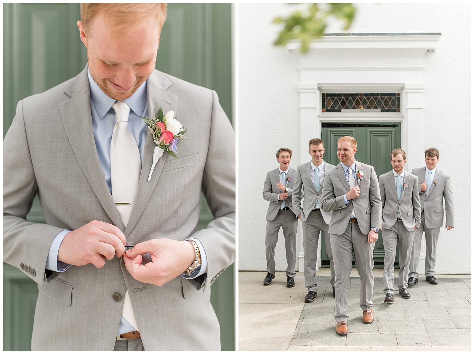 groom buttoning up his suit coat and smiling alongside his groomsmen