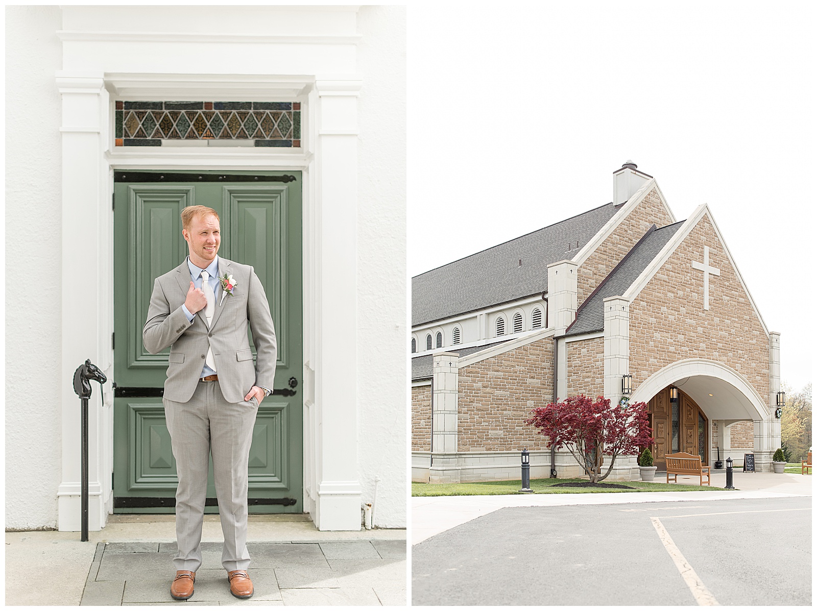 groom standing alone by green door with his right hand holding his suit coat near beautiful catholic church