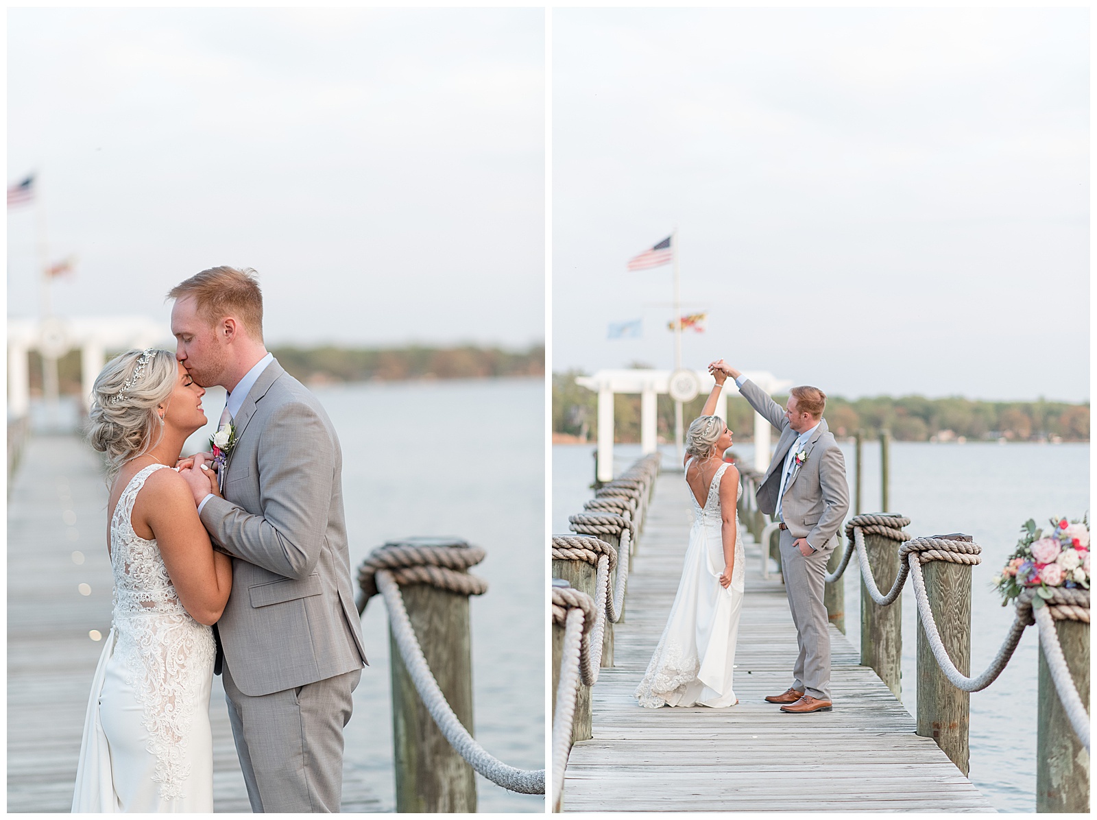bride and groom standing on dock surrounded by water in bel air maryland
