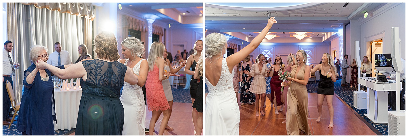 bride dancing with friends and family during wedding reception at water's edge event center