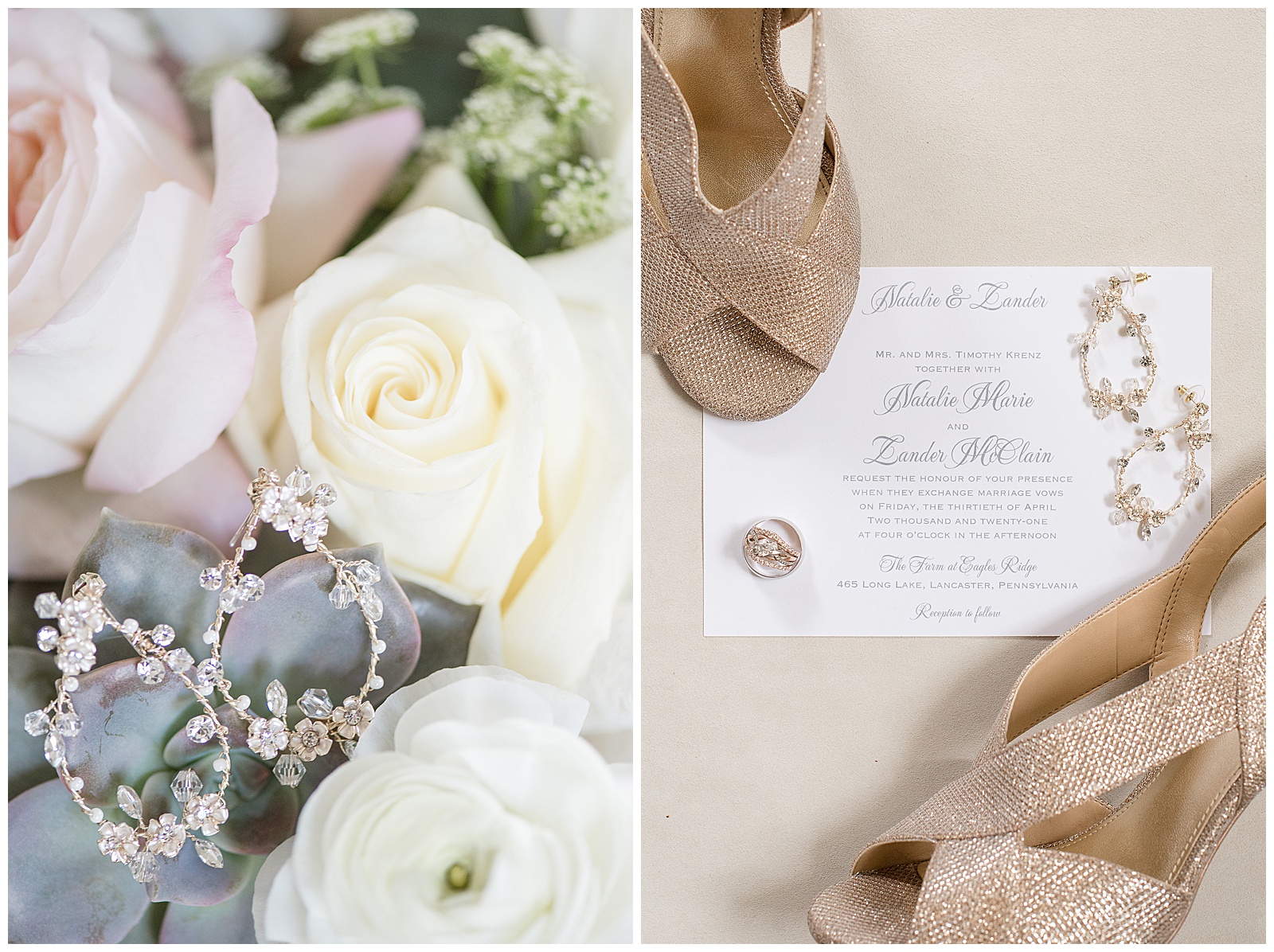 wedding jewelry surrounded by white roses and flowers and wedding invitation and bride's glittery shoes