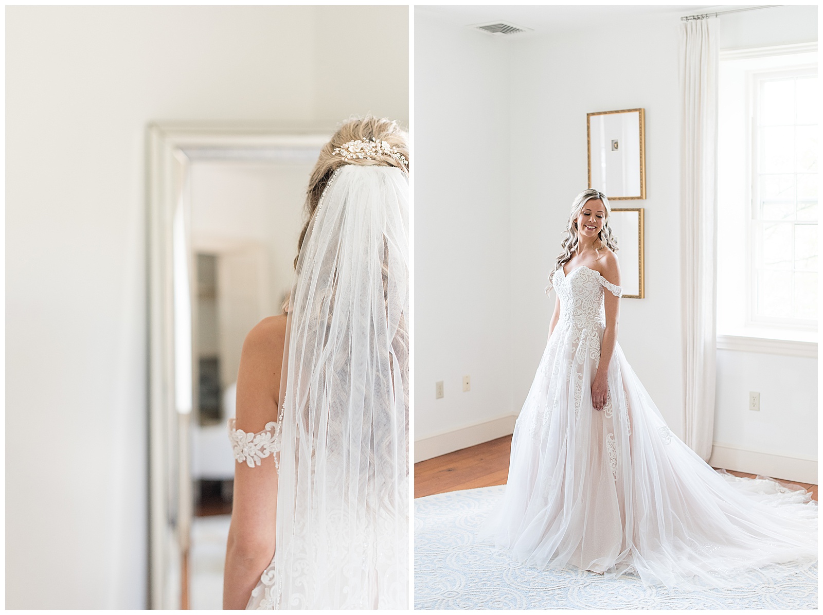 bride looking in mirror and posing in stunning white off the shoulder wedding gown in bridal suite