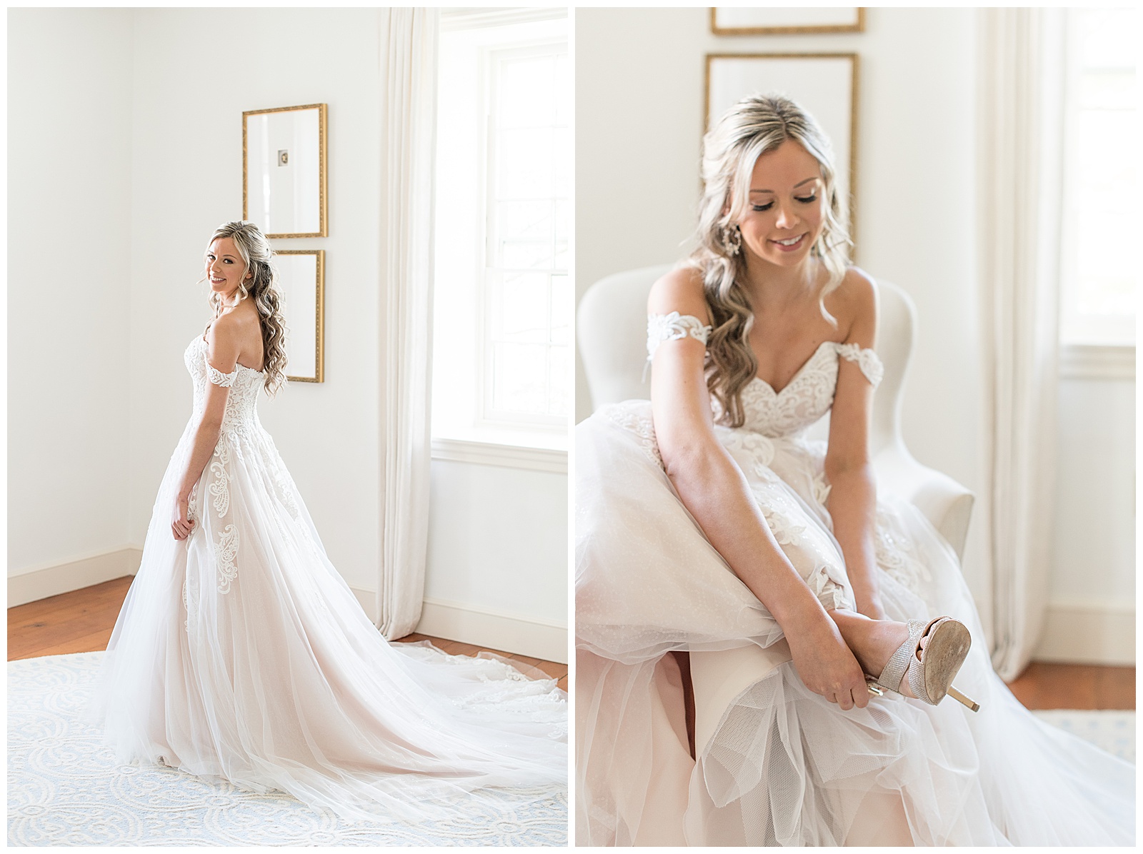 bride putting on glittery high heels in bright white bridal suite at barn wedding venue