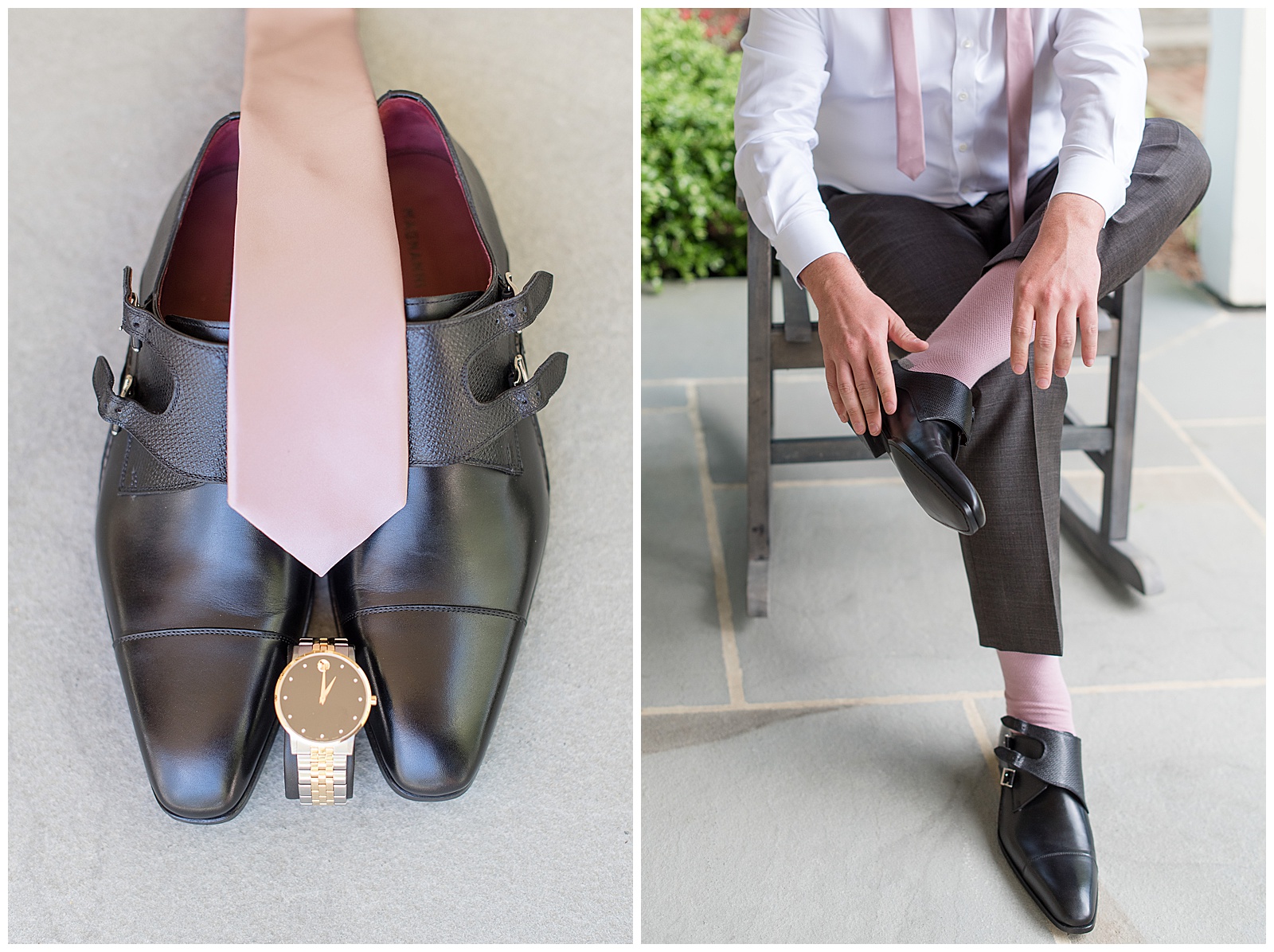 groom's accessories on display as groom puts on his shoe while sitting on rocking chair at barn wedding venue