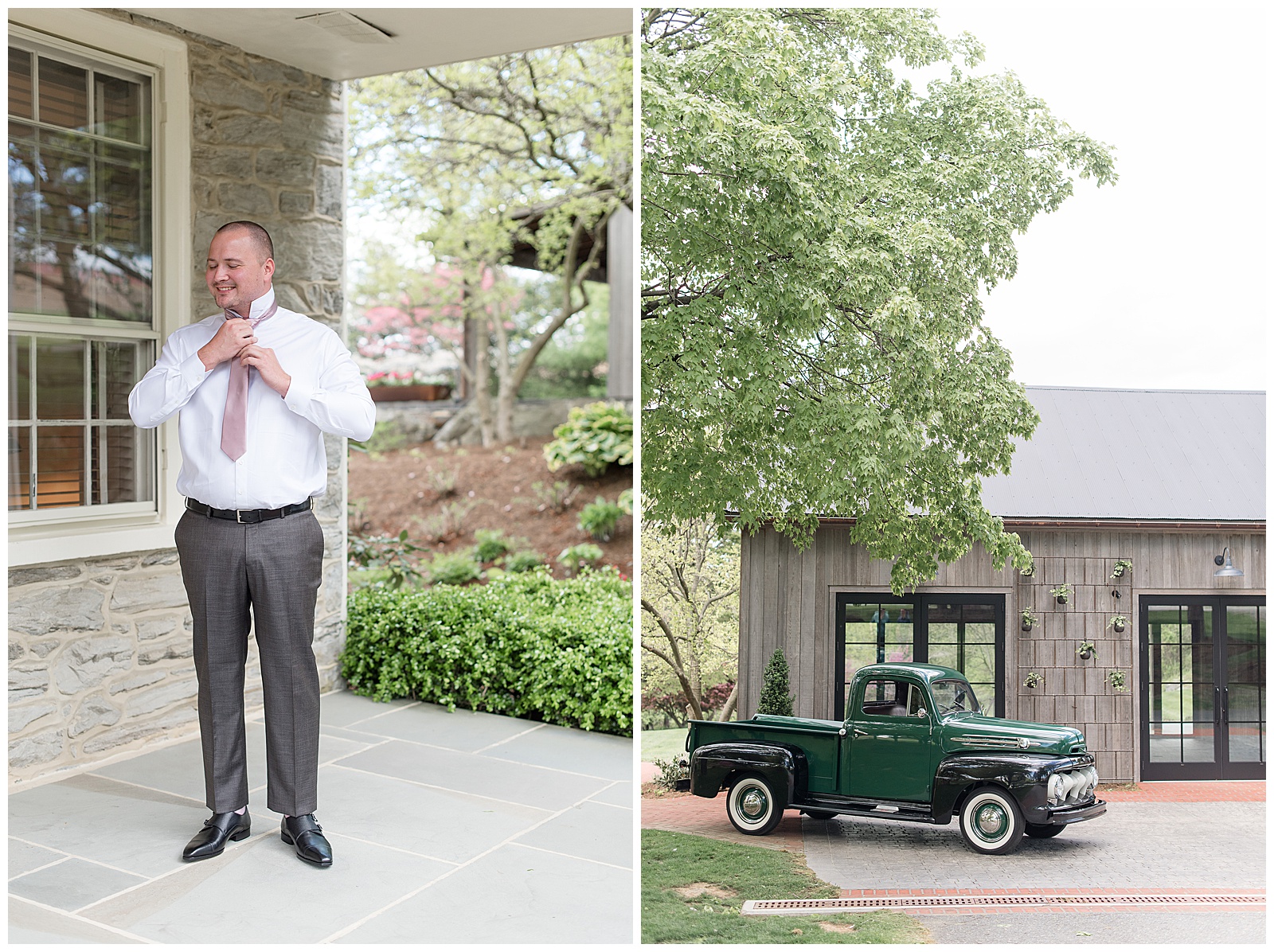 groom adjusts his tie while vintage pickup truck is parked outside of barn wedding venue in central pennsylvania