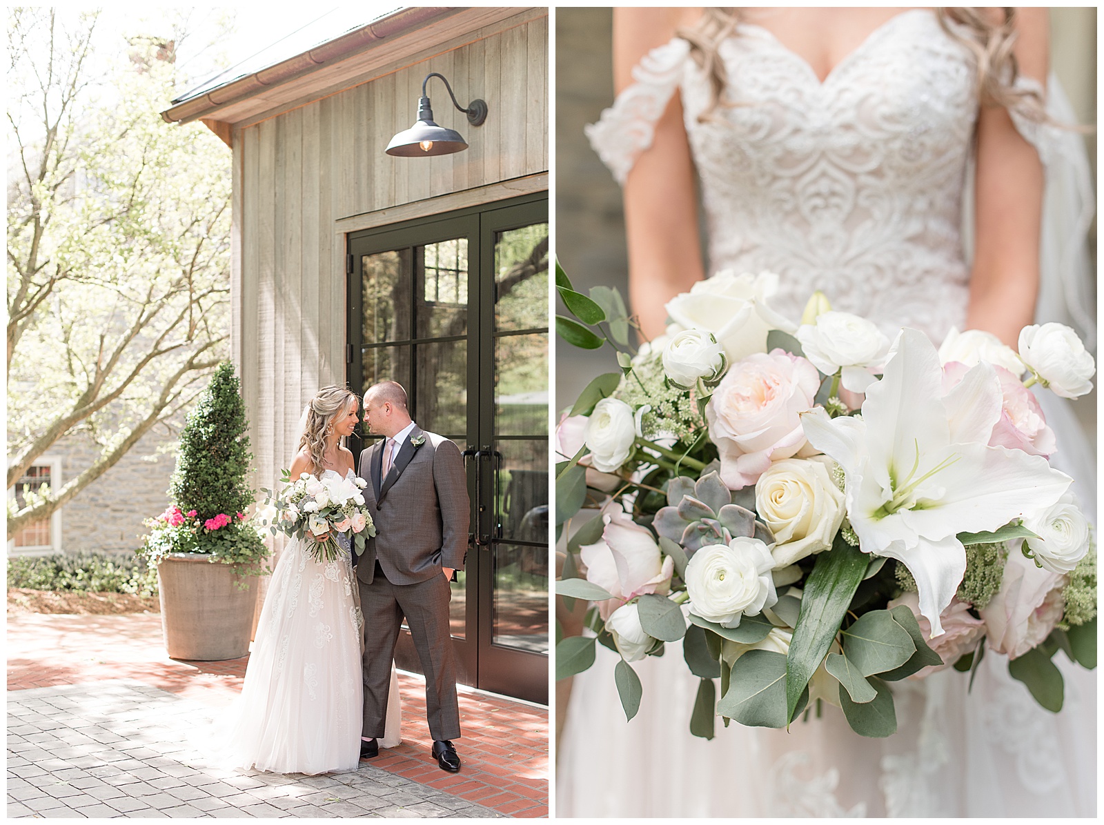 bride holding gorgeous floral bouquet filled with white and blush roses, eucalyptus, and succulents 