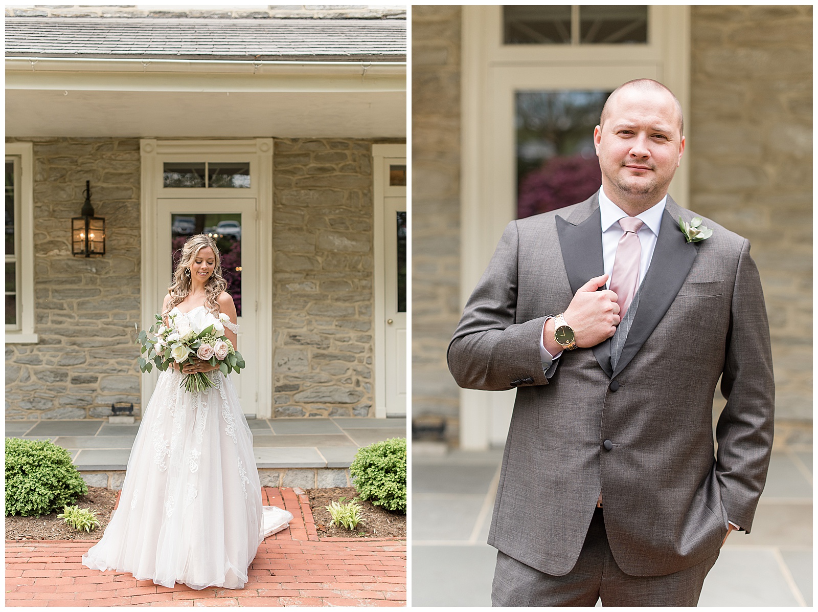 bride and groom smiling at camera in the moments before the wedding ceremony outside historical gray stone farmhouse