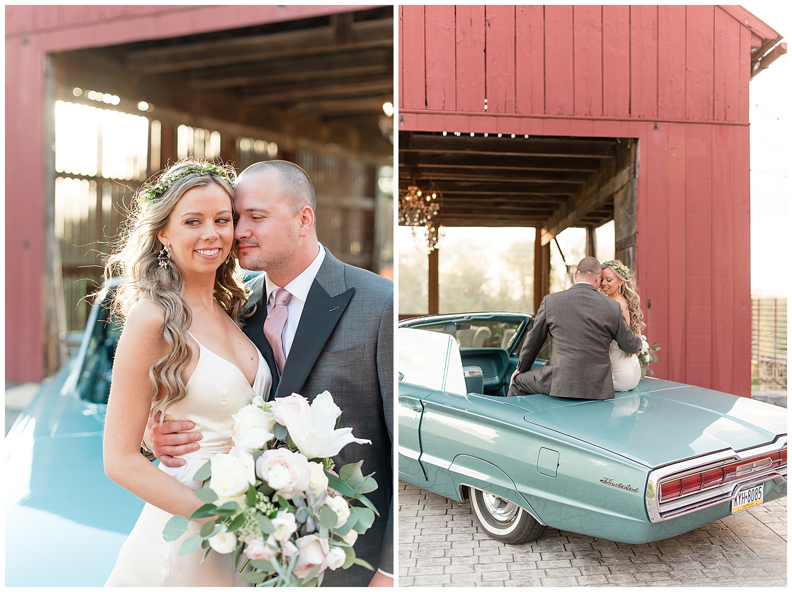 bride and groom sit in back of teal vintage convertible resting foreheads together next to beautiful red barn on bright spring evening