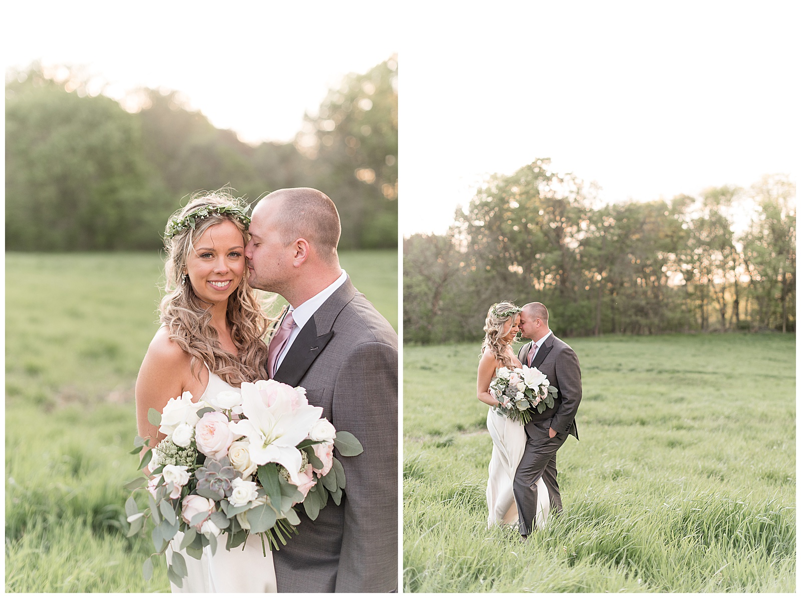 groom kisses bride and holds her tightly while standing in grassy field as sun sets behind them