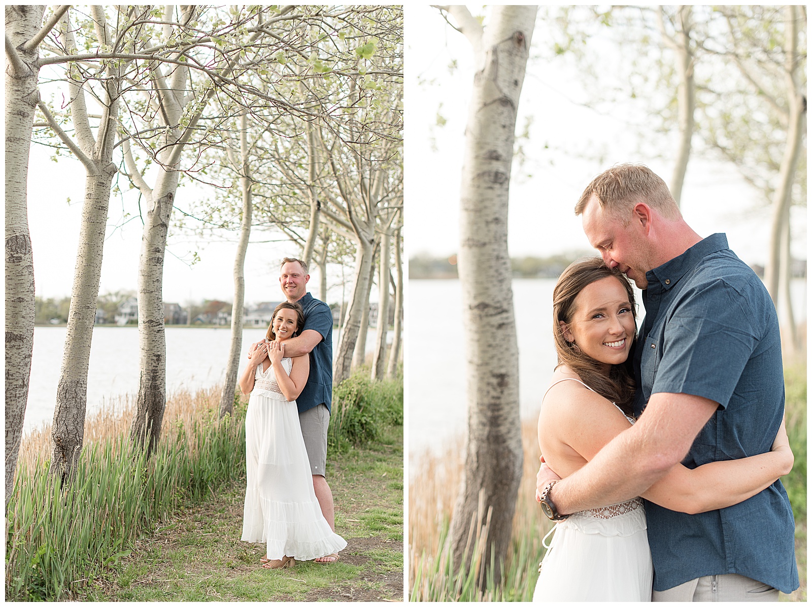 couple hugging tightly and smiling next to blooming spring trees next to bay head harbor