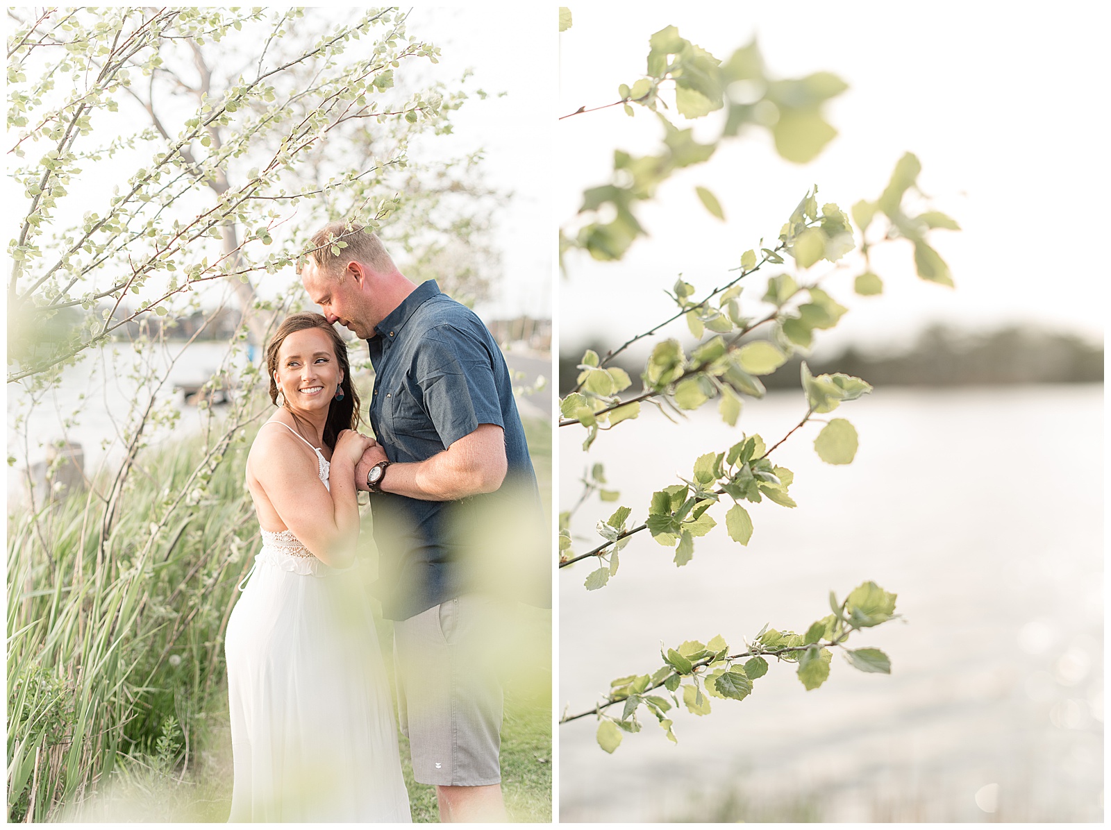 guy kissing woman on top of her head as she smiles looking over right shoulder behind blooming spring tree along the water