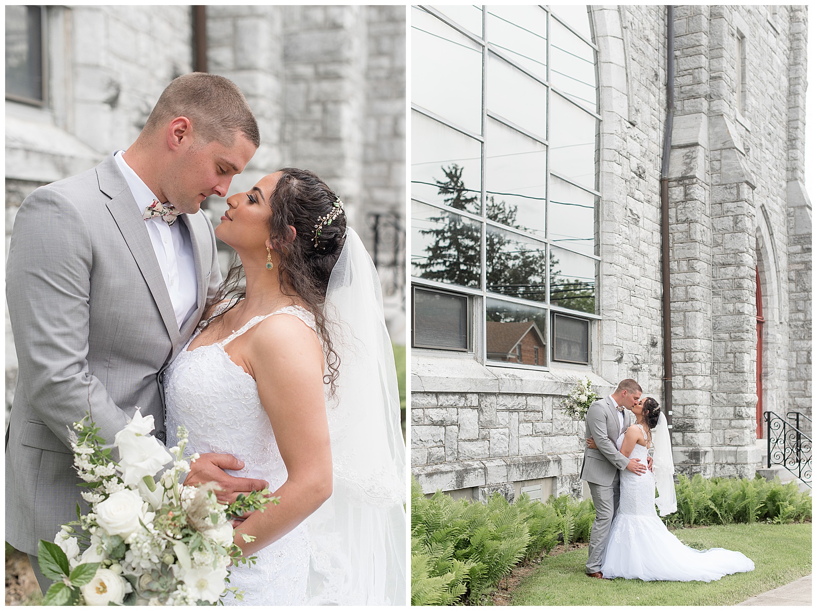 close up photo of bride and groom hugging tightly and almost kissing while smiling outside stone church
