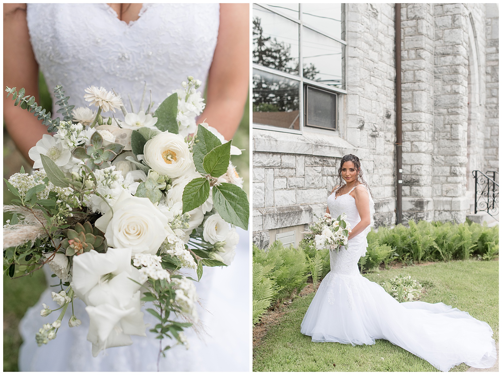 bride holding beautiful white bridal bouquet with hints of greenery while standing outside stone church