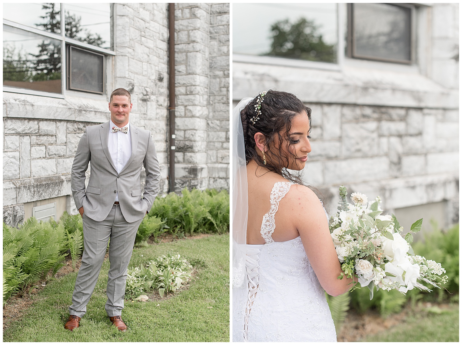 groom posing with his hands in his pockets and bride's back toward camera as she looks over right shoulder