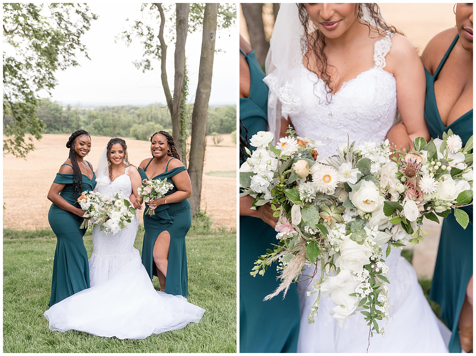 bride surrounded tightly by her two bridesmaids wearing dark turquoise gowns near farm field