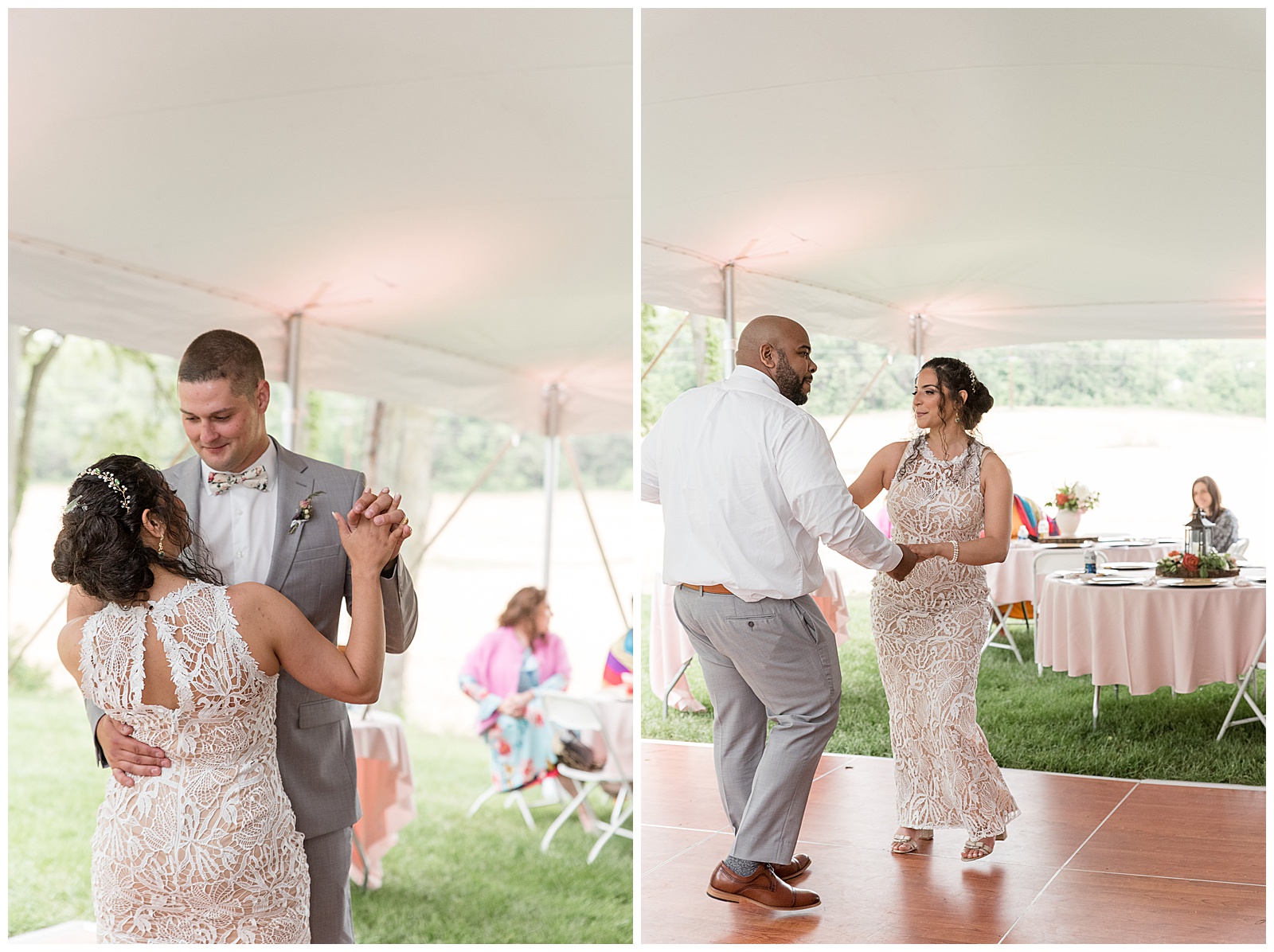 bride and groom and wedding guests dancing on dance floor inside outdoor wedding reception tent