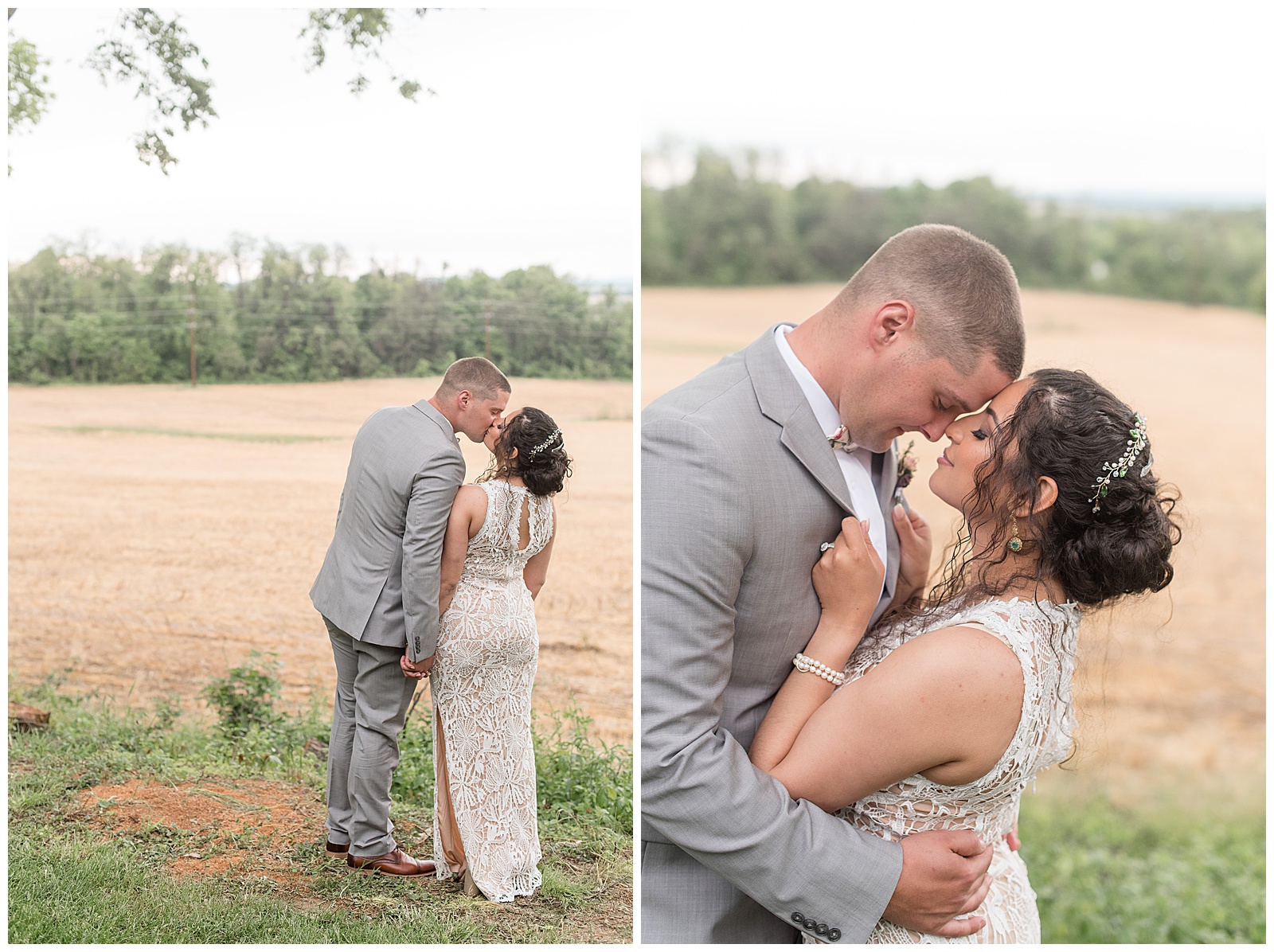 couple hugging tightly and kissing in lawn near farm field in southeastern pennsylvania